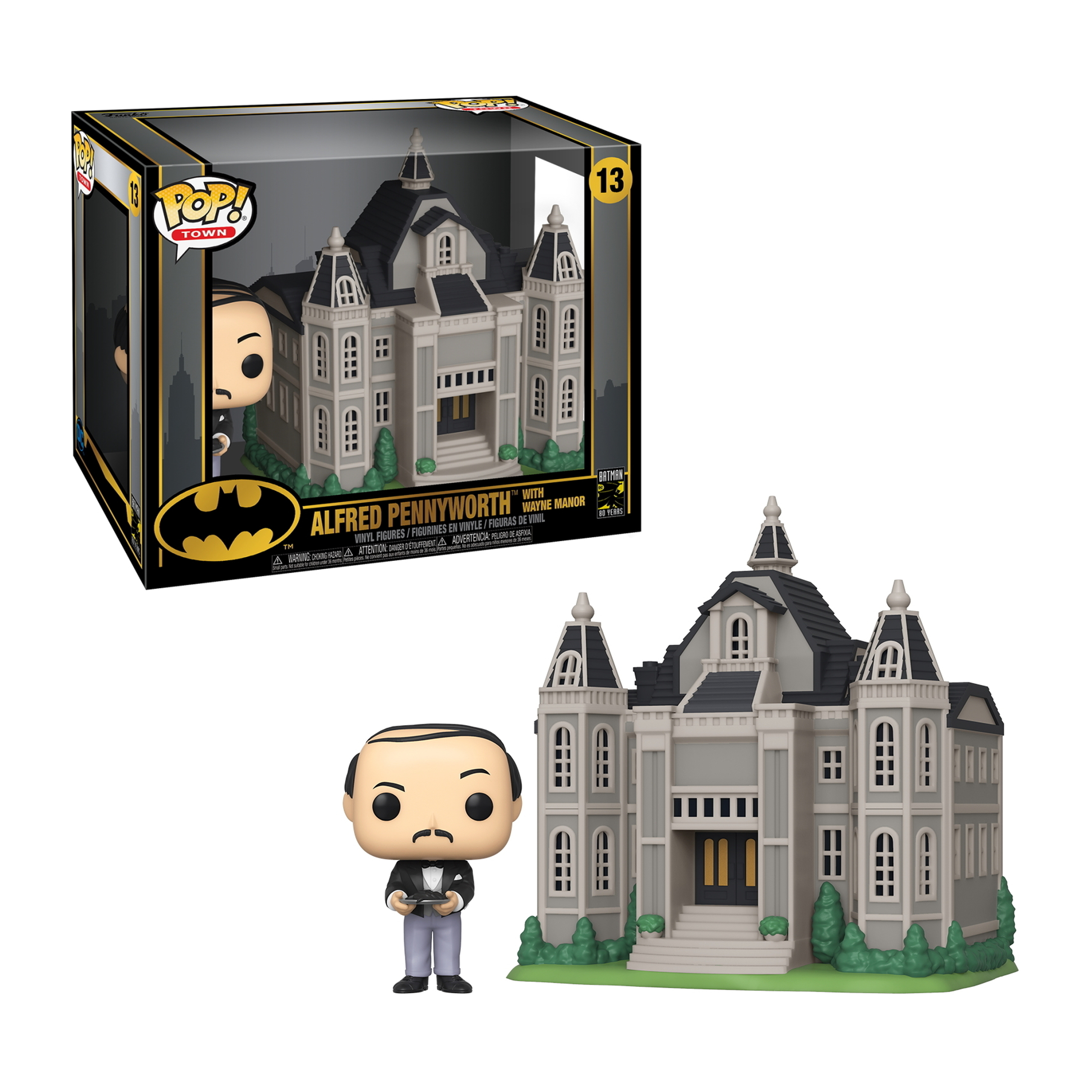 Alfred Pennyworth Funko Pop mit Wayne Manor. Alfred mit Tablett, Manor grau.