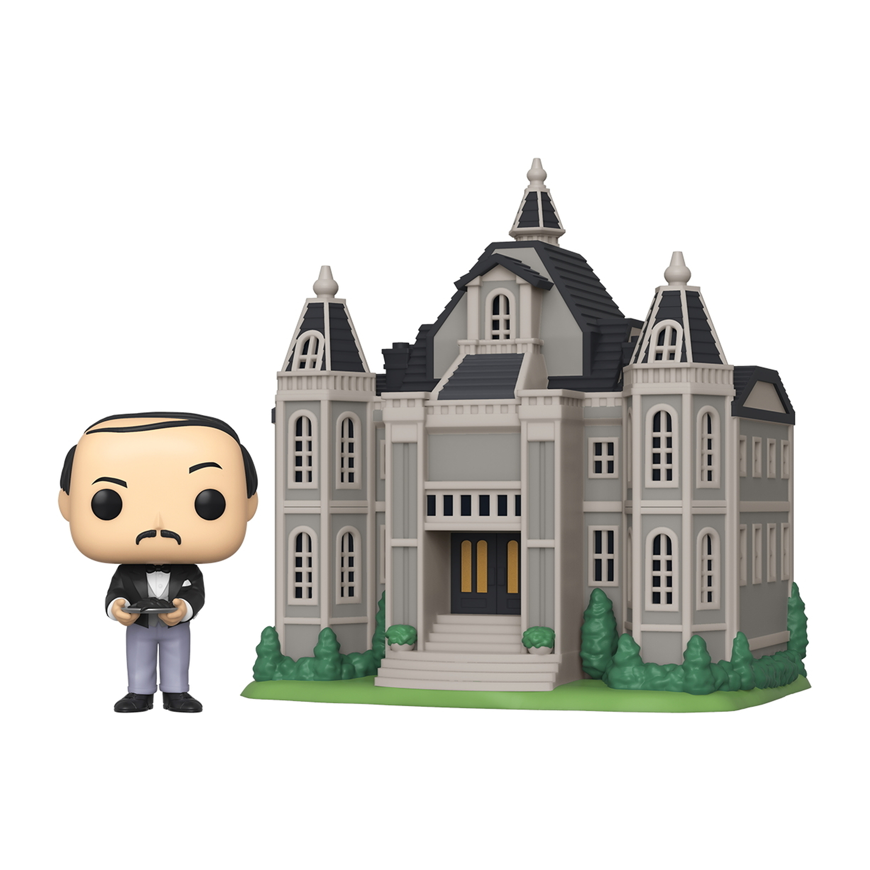Funko Pop Figur mit einem Mann im Smoking vor einem großen grauen Haus. Weißer Hintergrund.