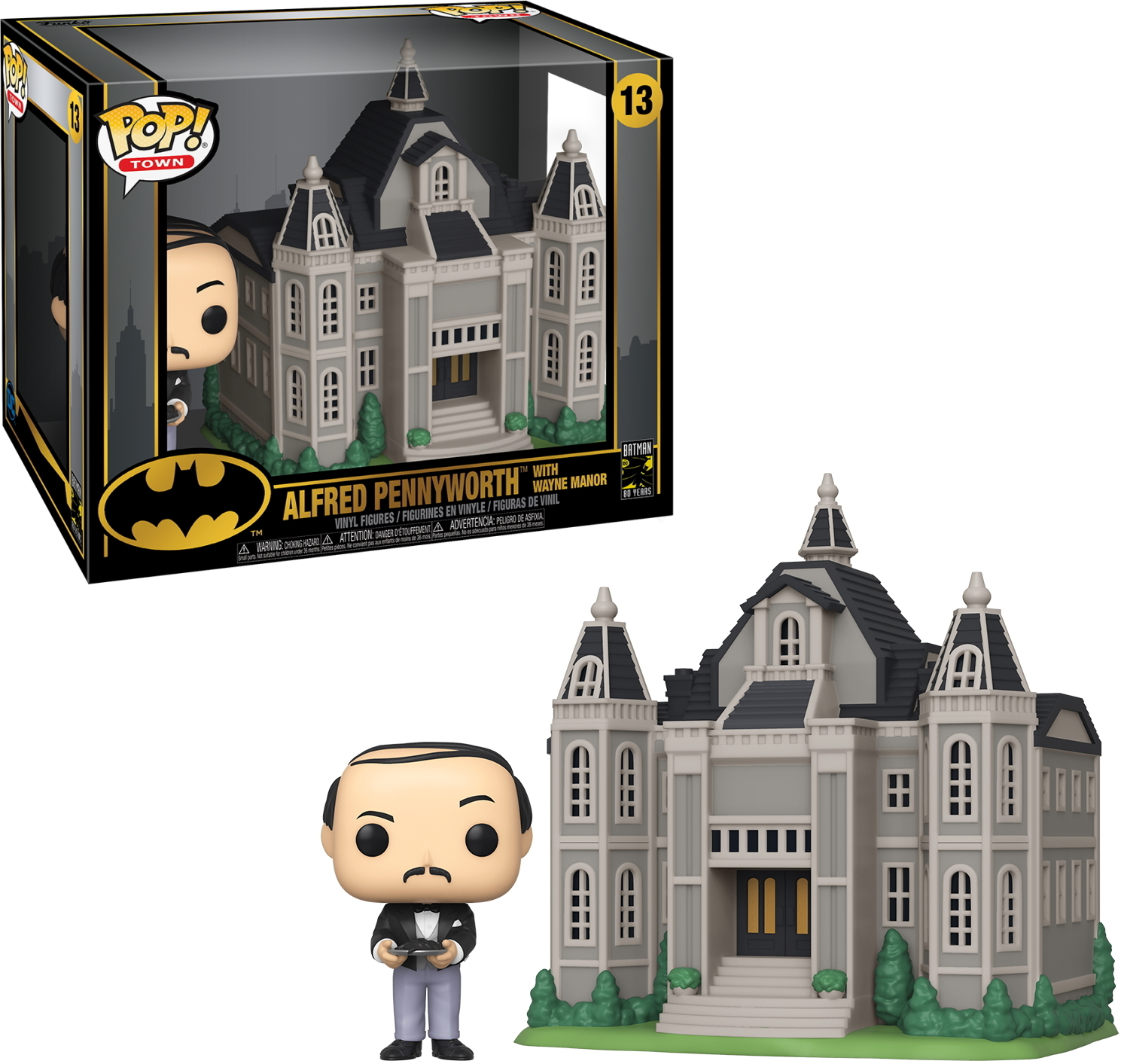 Alfred Pennyworth Funko Pop Figur und Wayne Manor in Box, mit Figur, die ein Tablett hält.