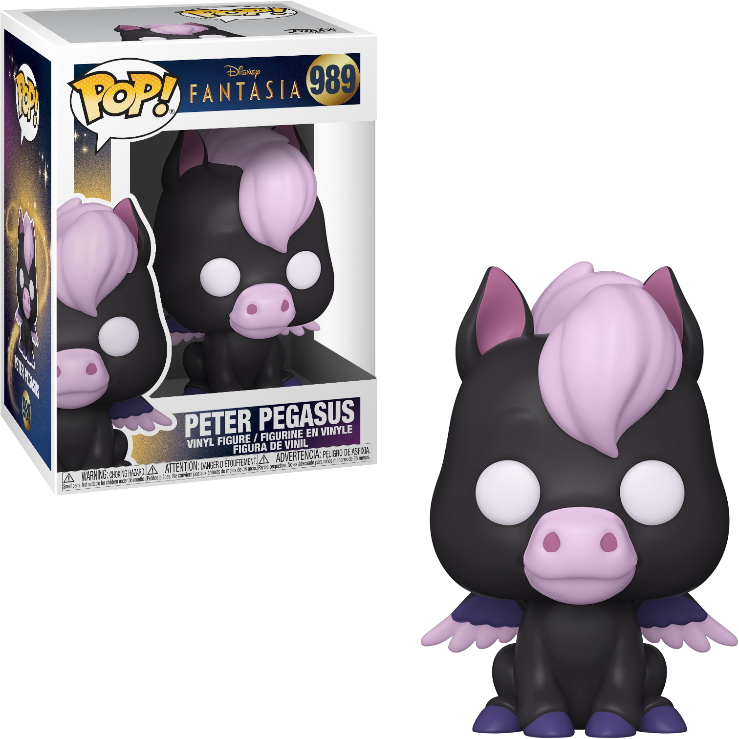 Statuetta Funko Pop di Peter Pegasus. Pegaso nero con criniera, ali e muso rosa. Zoccoli viola.