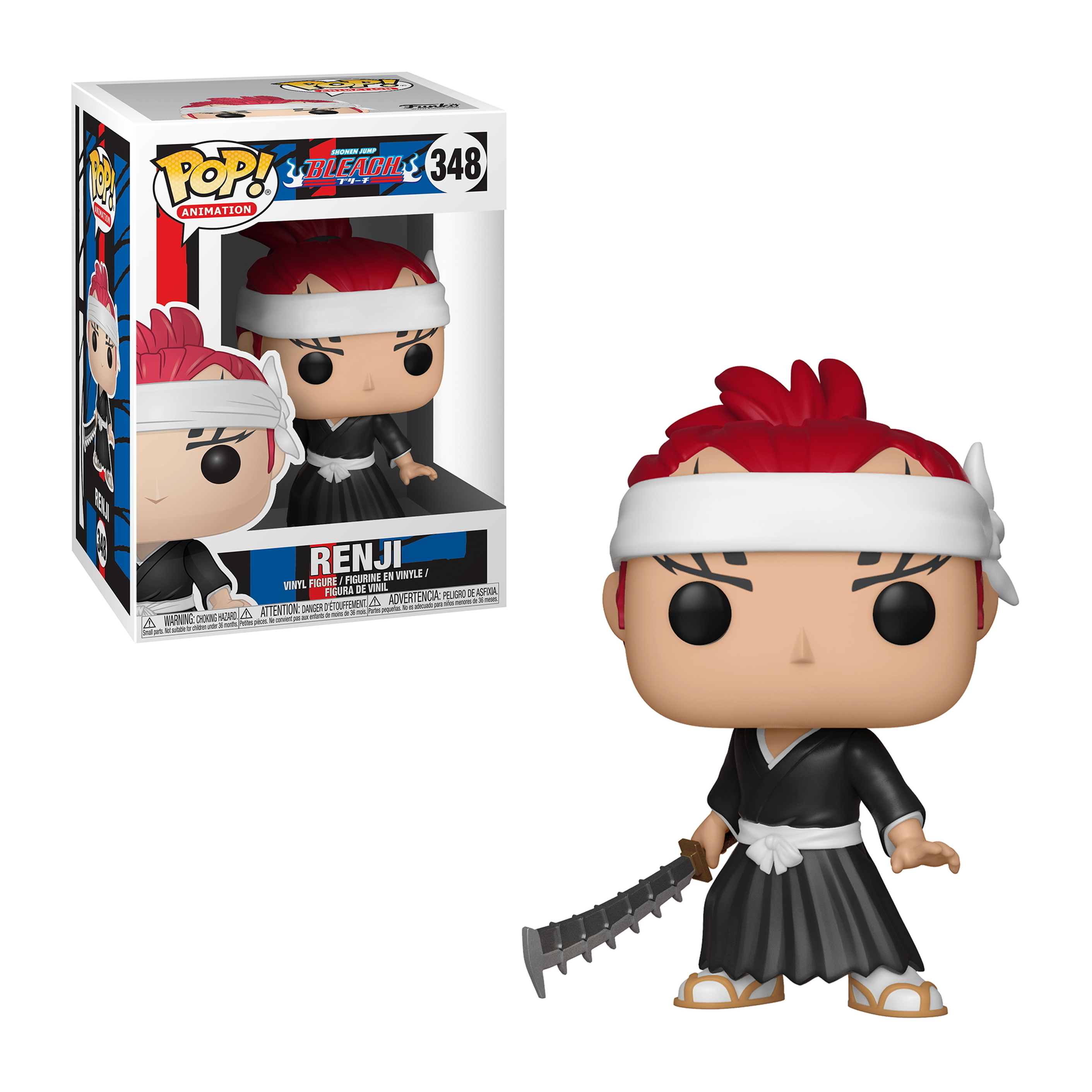 Renji Funko Pop Figur, rotes Haar, weißes Stirnband, schwarzes Outfit, hält ein Schwert, Box enthalten.