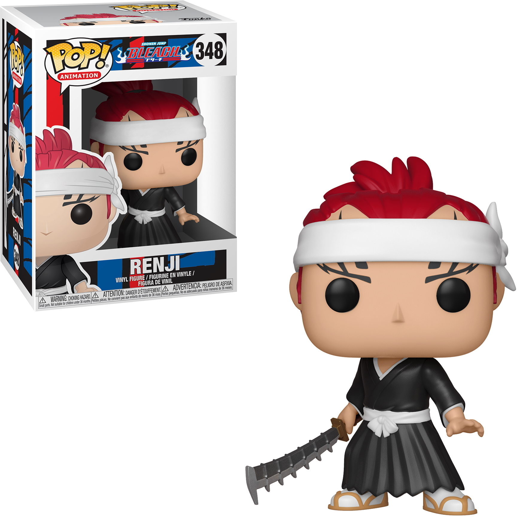 Renji Abarai Funko Pop Figur in und aus der Box. Er trägt einen schwarzen Kimono, rote Haare und hält ein Schwert.