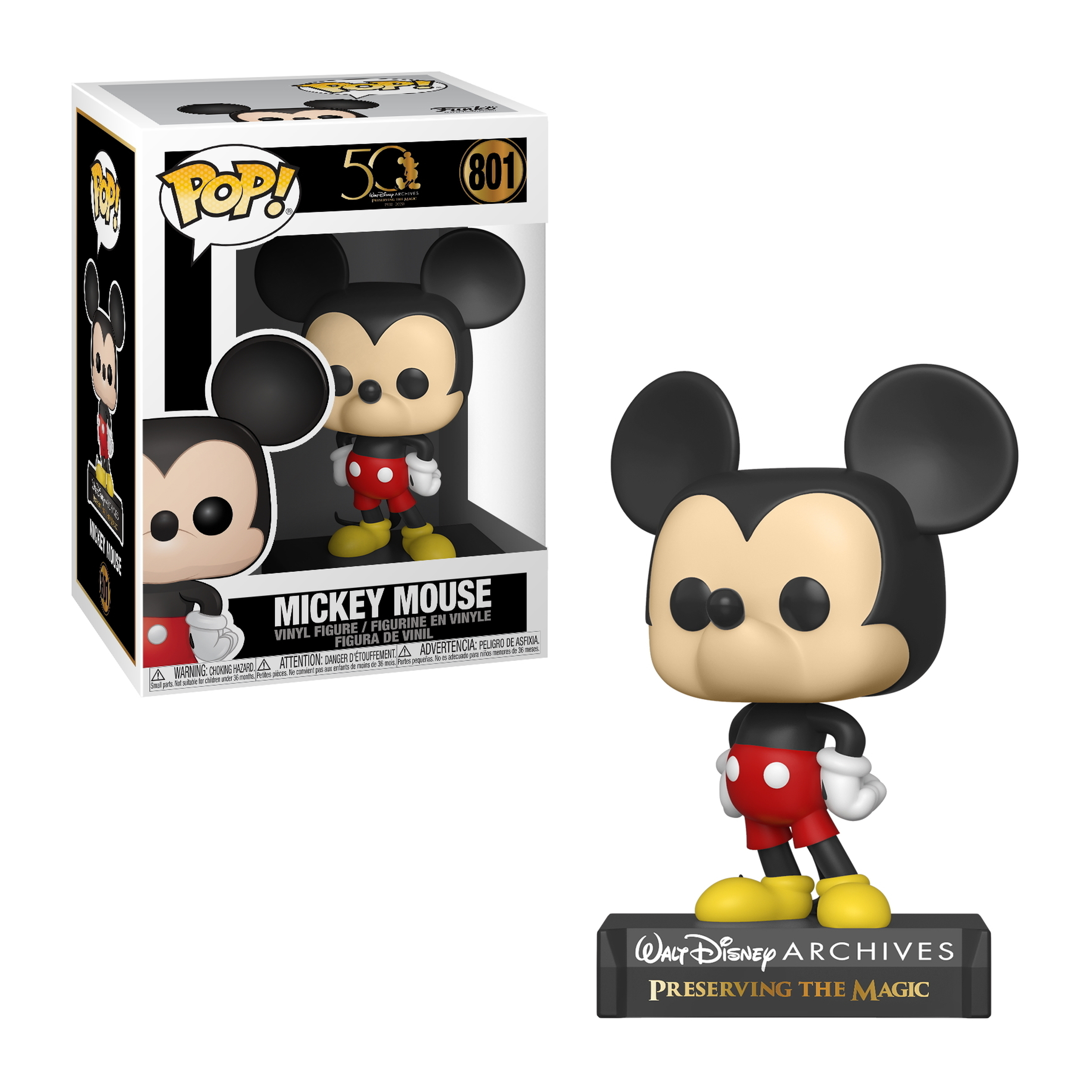Mickey Mouse Funko Pop Figur mit Box, stehend auf Sockel, schwarz und rot.