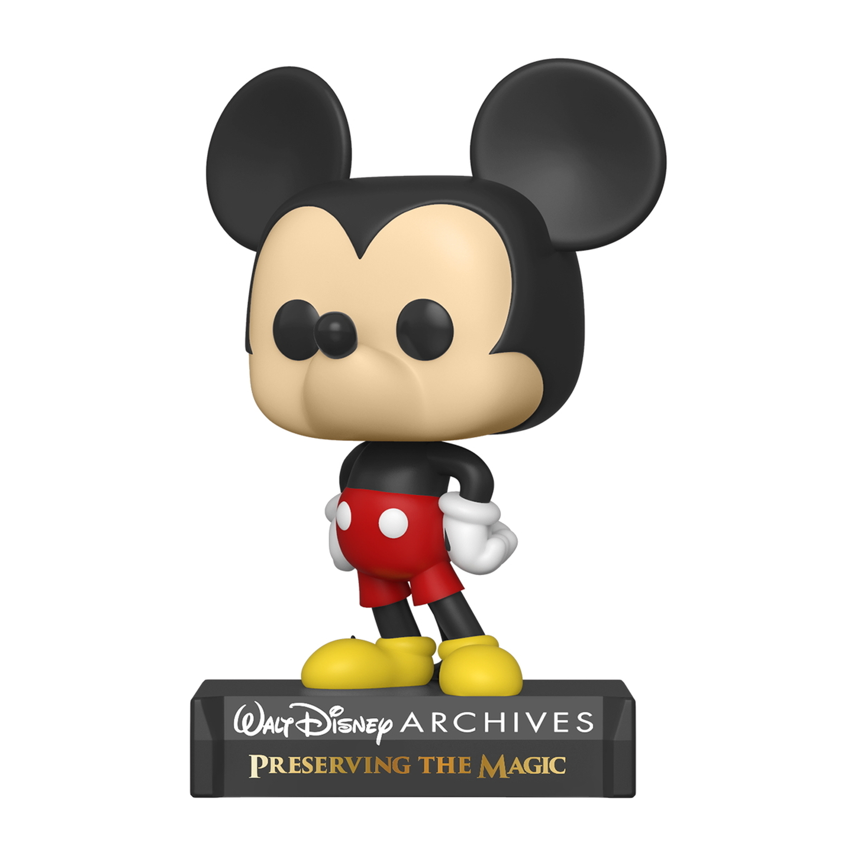 Mickey Mouse Figur, steht auf einem Sockel mit Text.