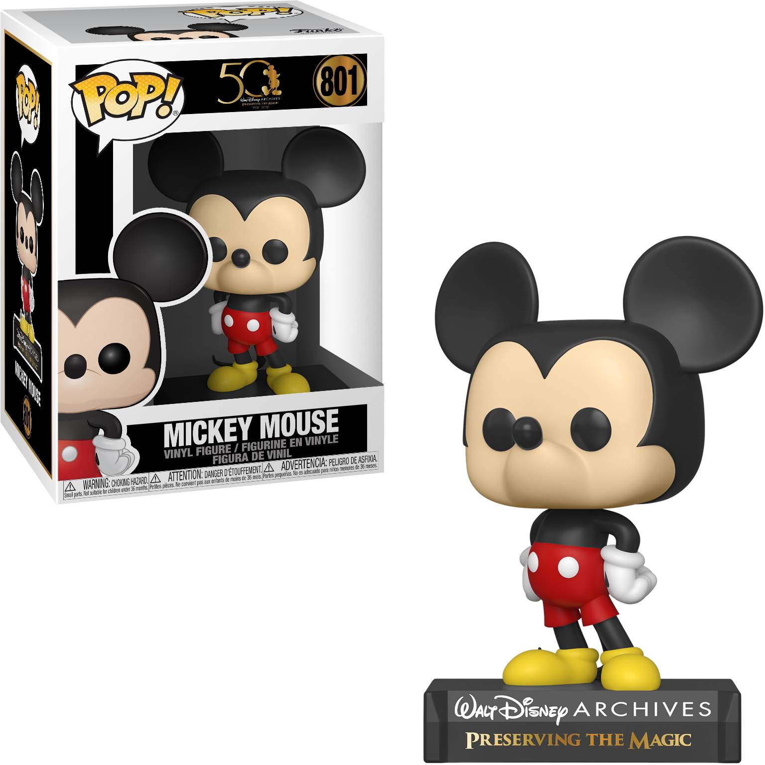 Mickey Mouse Figur in der Box, rote Shorts, schwarze Ohren. Auf der Box steht Mickey Mouse.