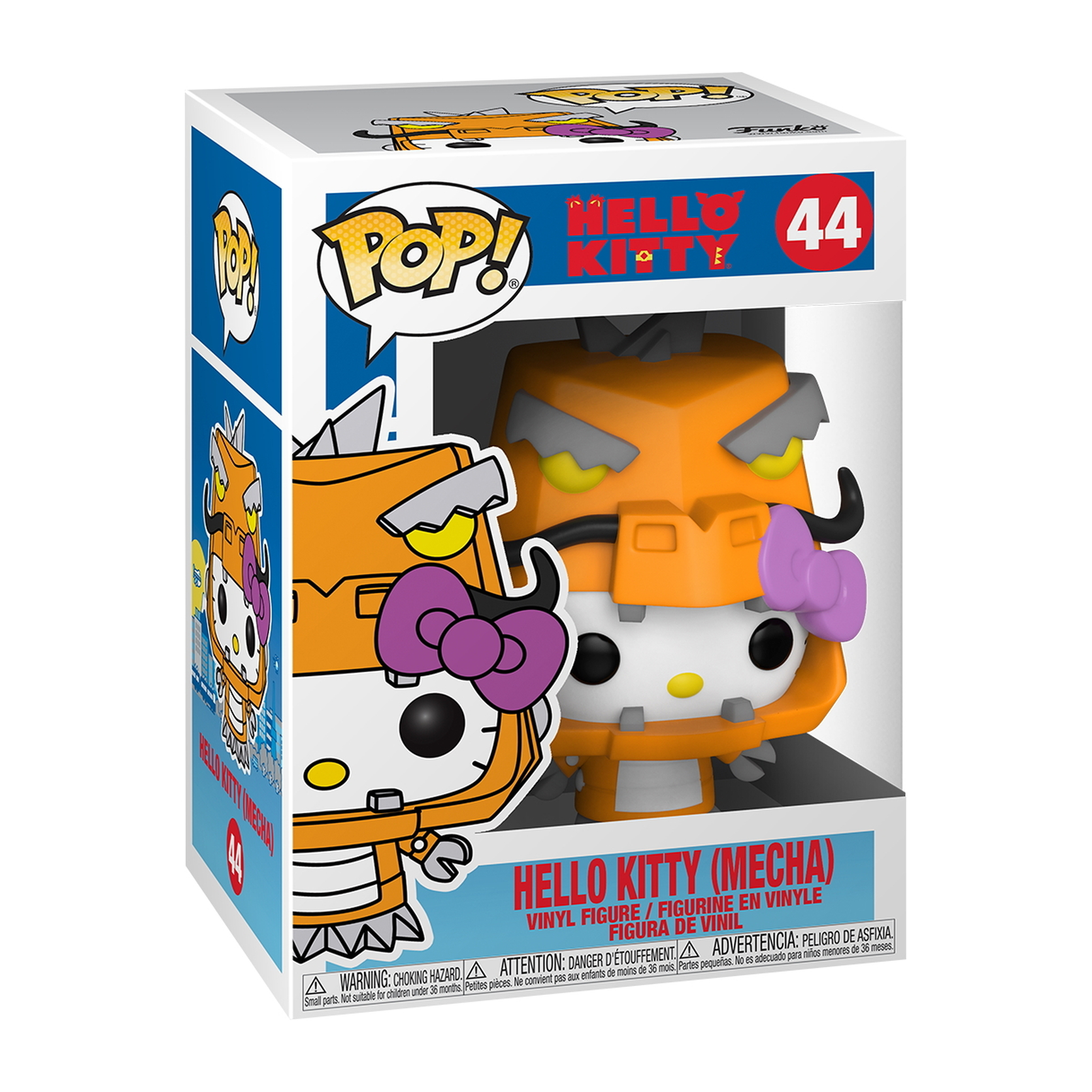 Eine Hello Kitty Funko Pop Figur in einer Box. Hello Kitty in einem Roboteranzug mit lila Schleife.