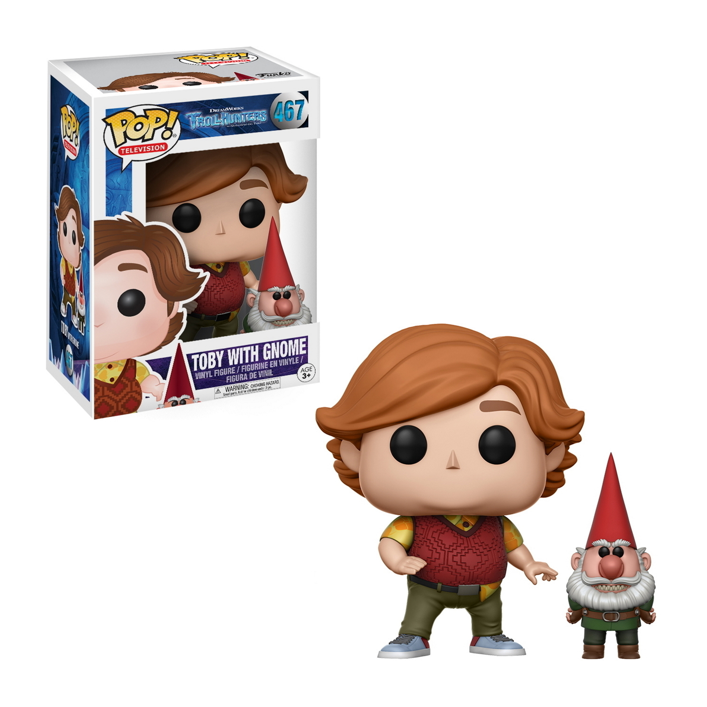 Toby ze skrzatem Funko Pop i pudełkiem. Toby ma na sobie kamizelkę i zielone spodnie. Skrzat ma czerwony kapelusz.