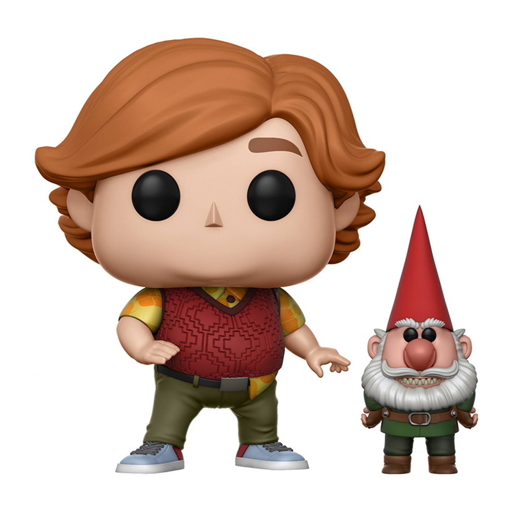 Chłopiec i krasnal figurki Funko Pop. Chłopiec ma na sobie kamizelkę, krasnal ma czerwony kapelusz i brodę.