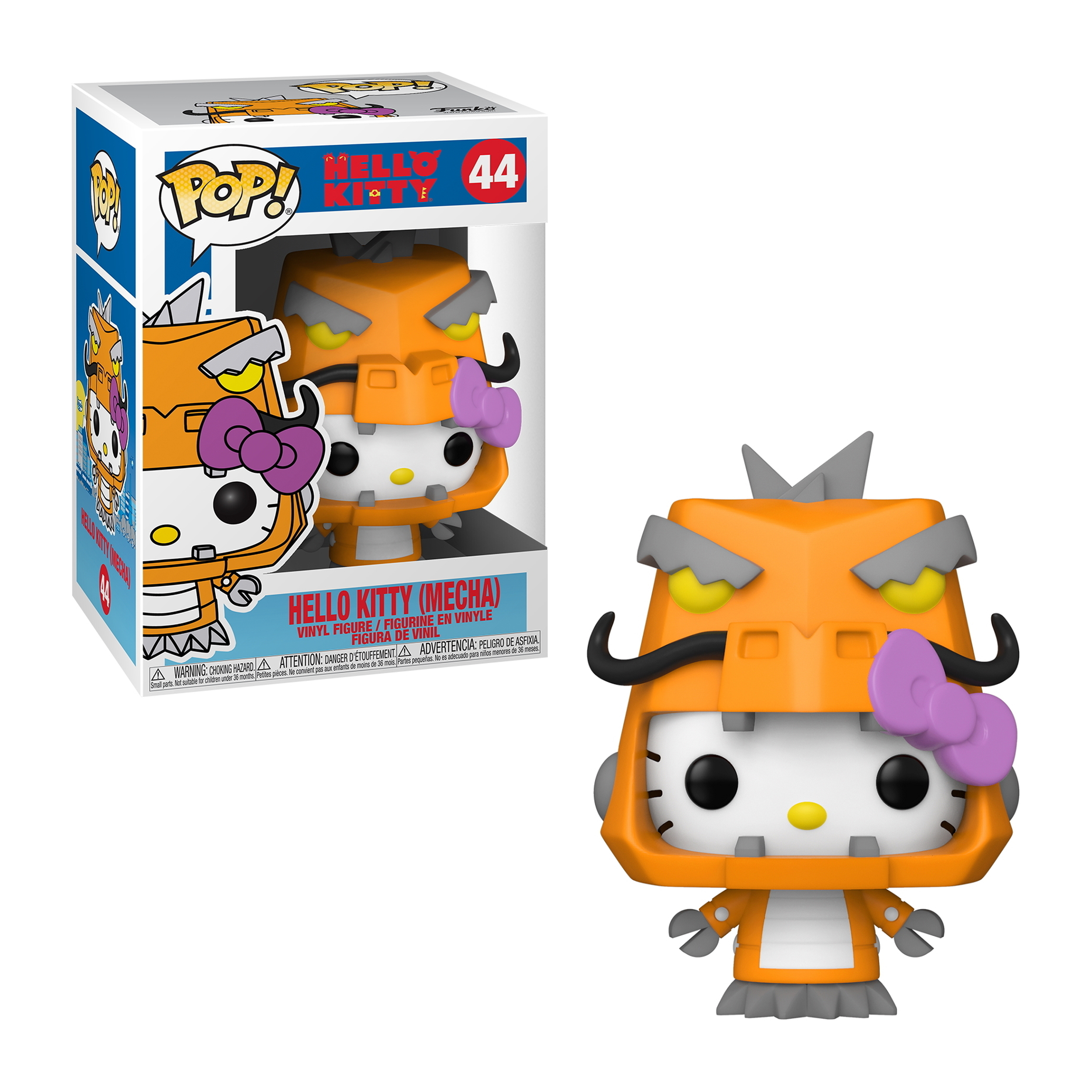 Hello Kitty (Mecha) Funko Pop. Die Figur ist in einer Box, Hello Kitty in einem orangenen Roboter-Outfit mit Schleife.