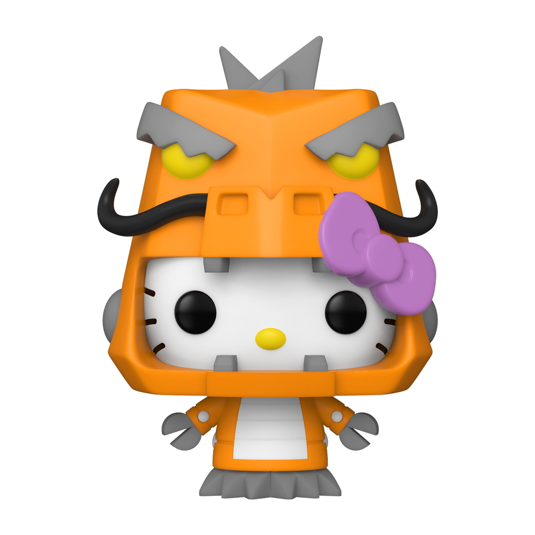 Hello Kitty in einem Dinosaurierhelm, mit einer lila Schleife, orange und grauen Farben.