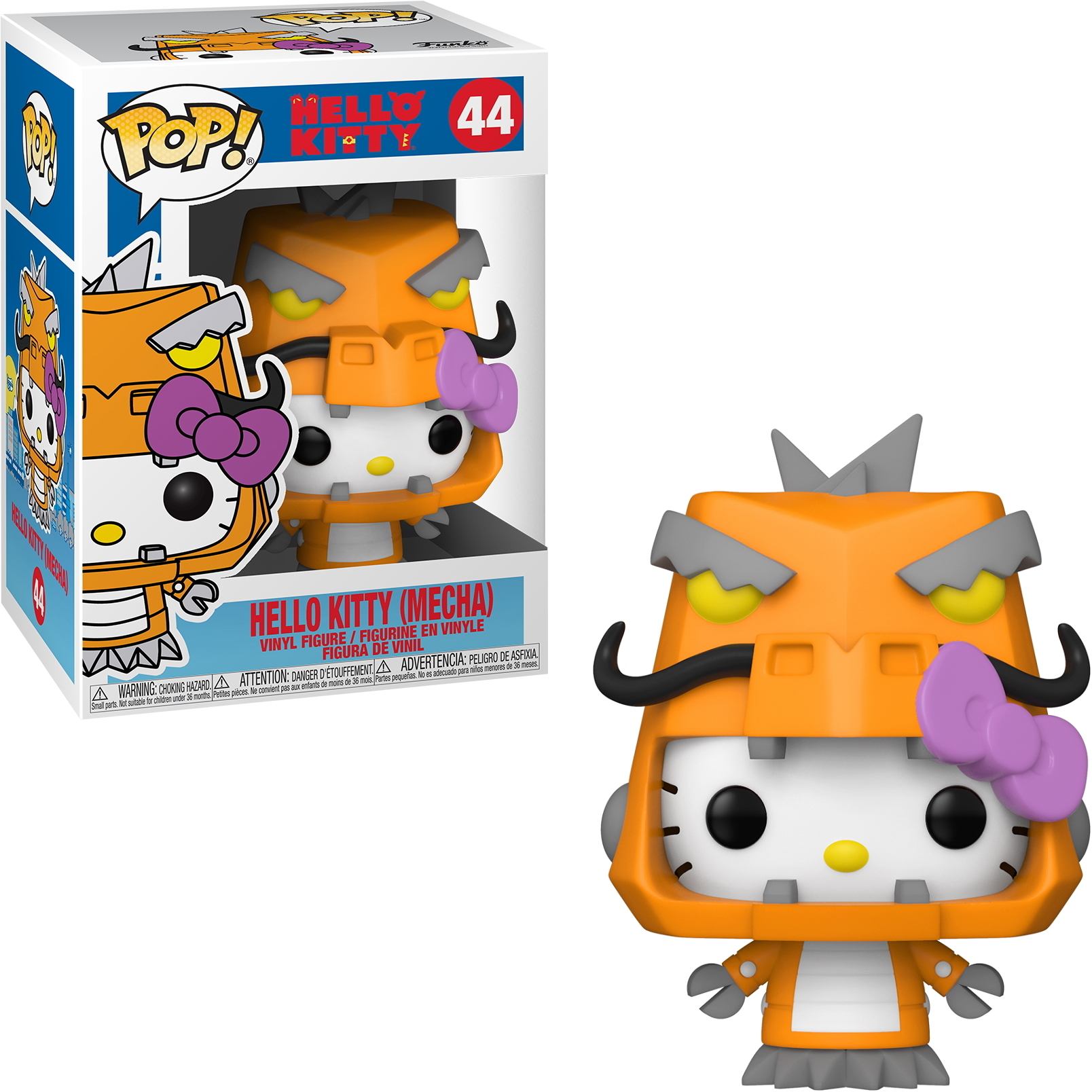 Hello Kitty (Mecha) Funko Pop. Oranger Mecha-Anzug, lila Schleife und ein Hello Kitty-Kopf.