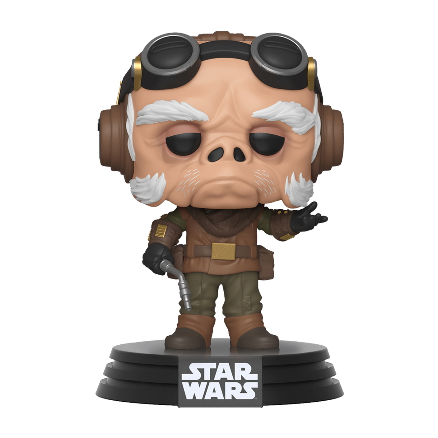 Funko Pop Figur, alter Mann mit Brille und Kopfhörern, hält ein Gerät. Star Wars Thema.