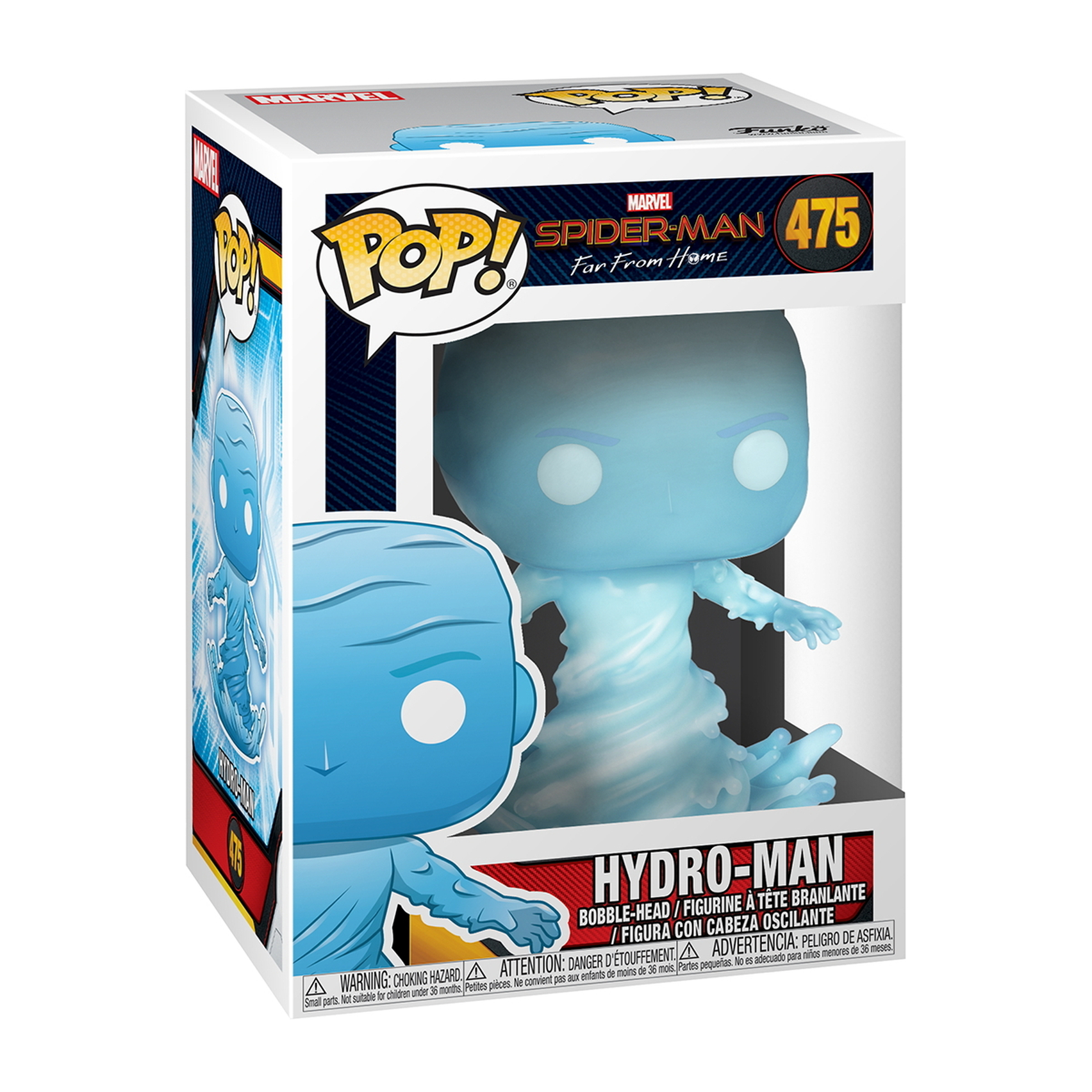 Figura Funko Pop di Hydro-Man in una scatola. La figura è blu e la scatola ha un tema di Spider-Man.