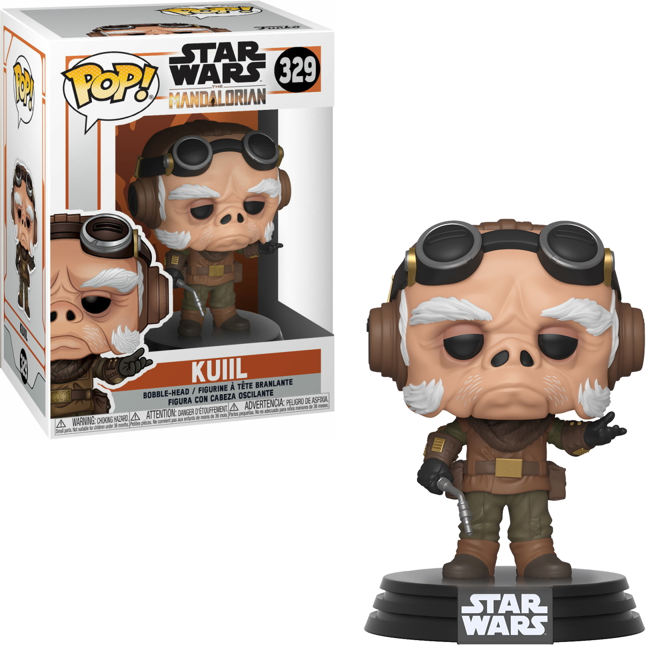 Kuill Figur aus Star Wars. Er trägt braune Kleidung, eine Brille und hält ein Werkzeug. Hat eine Star Wars-Basis.