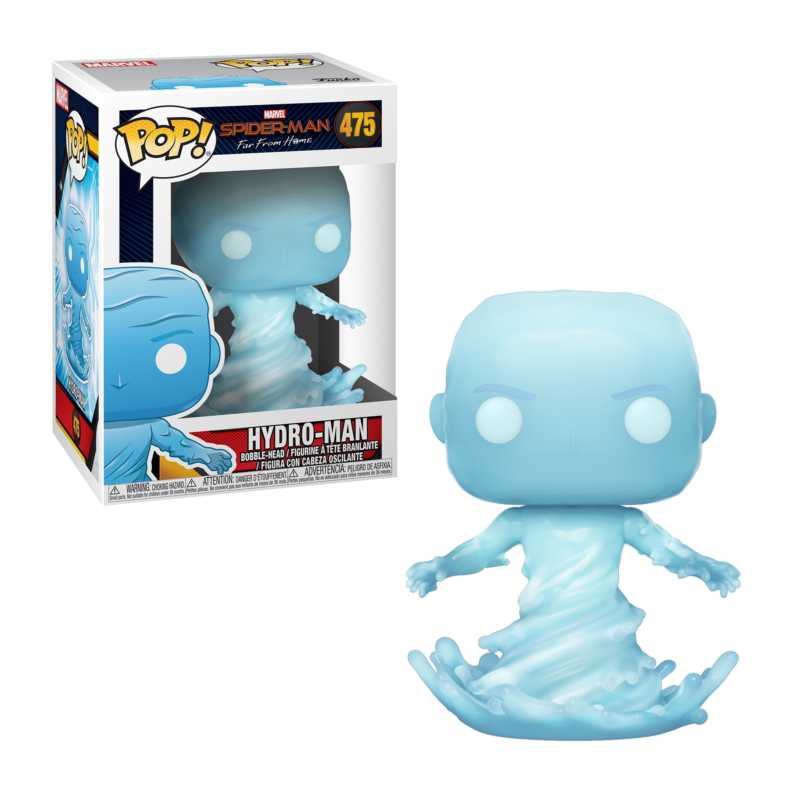 Funko Pop di Hydro-Man e la sua scatola. La figura è azzurra e ha una base d'acqua.