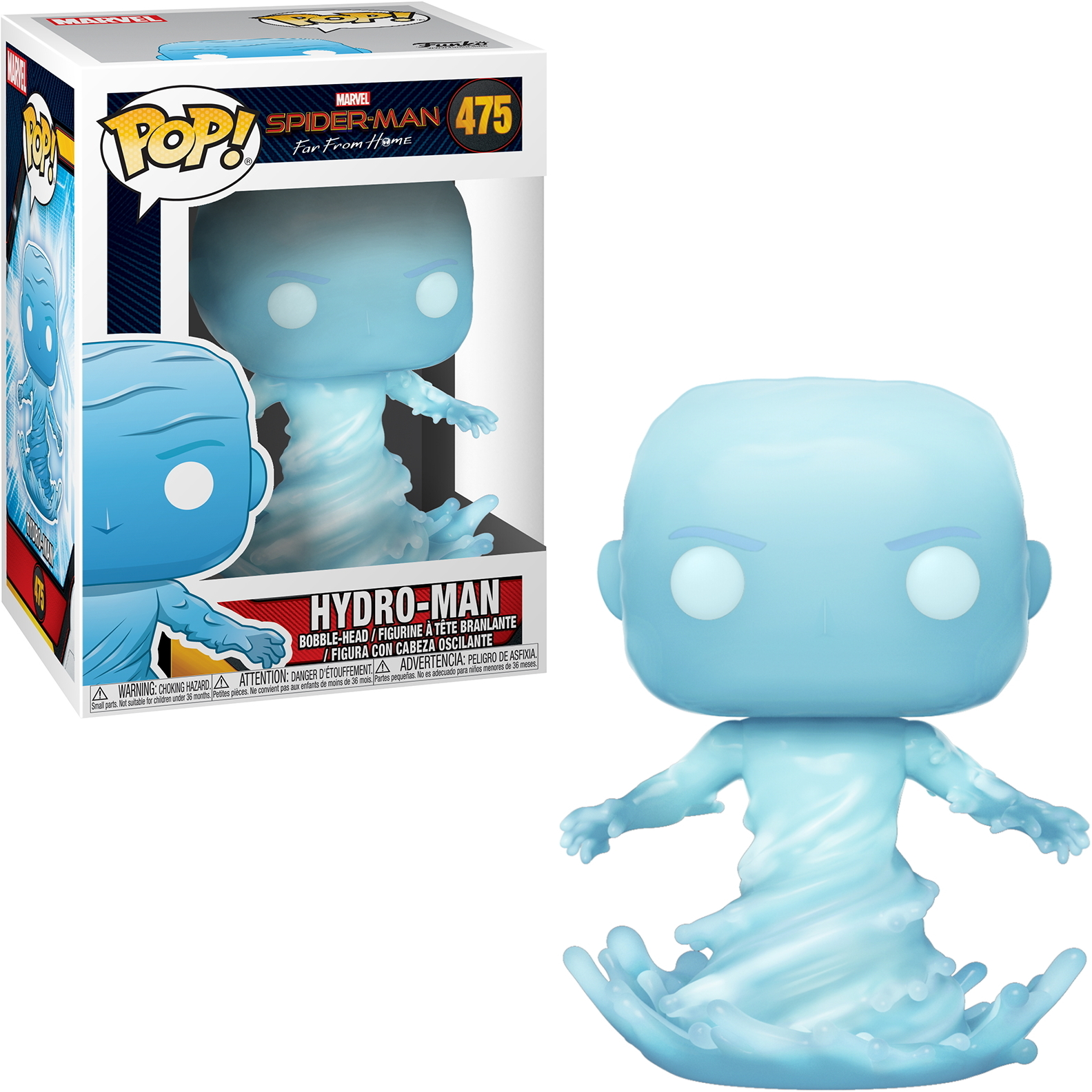 Personaggio Hydro-Man Funko Pop in una scatola. Il personaggio è blu e sembra fatto d'acqua.