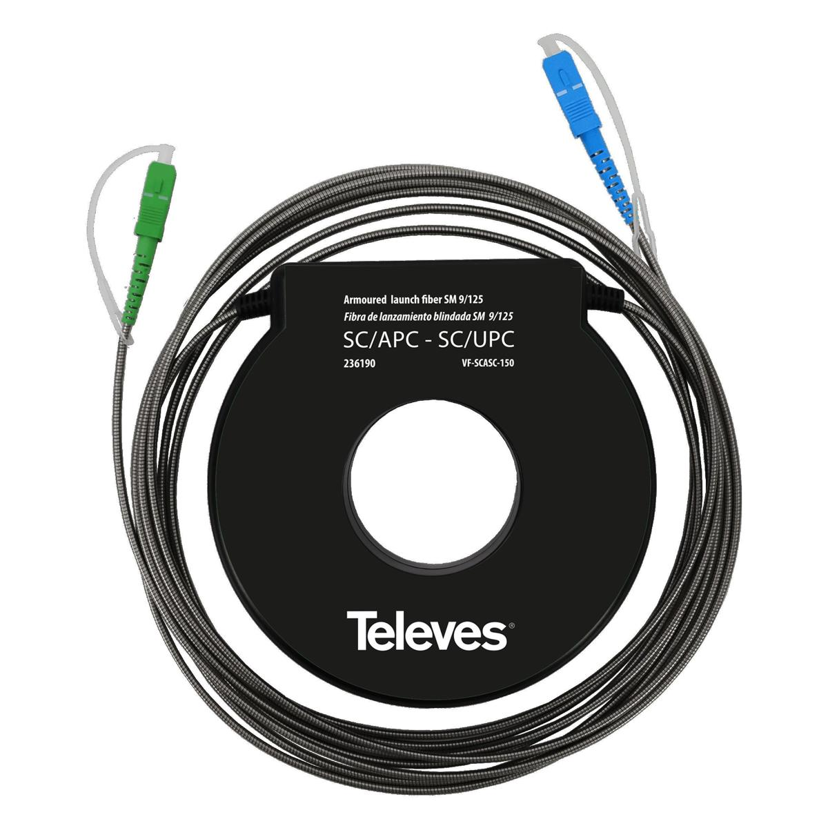 Schwarzes Kabel mit grünen und blauen Steckern. In der Mitte befindet sich ein schwarzer Ring mit dem Televes-Logo.