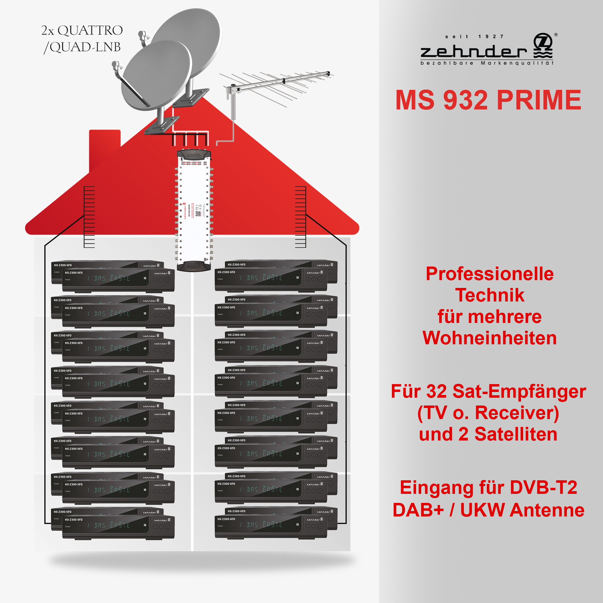 Diagramm eines Systems zur Verteilung von Satelliten-TV-Signalen an mehrere Haushalte. Enthält Schüsseln, Empfänger und Verkabelung.