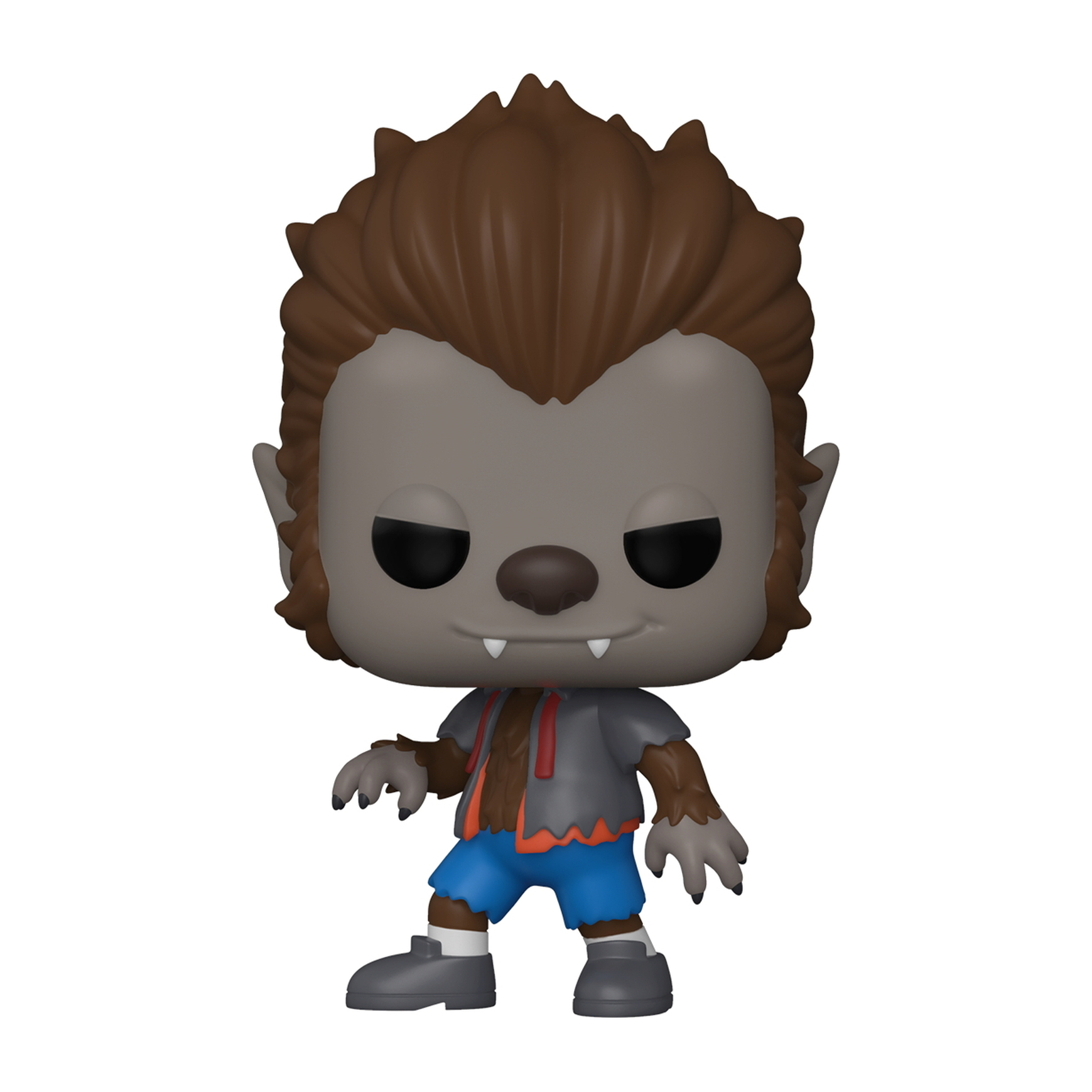 Una figura di lupo mannaro, pelle grigia, pantaloncini blu e camicia strappata. Funko Pop.