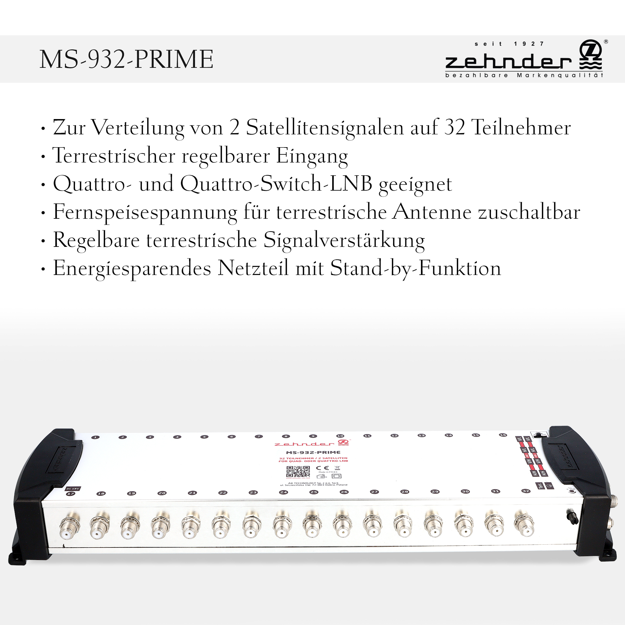 Ein weißes elektronisches Gerät mit mehreren Anschlüssen und einem gedruckten Etikett. Es trägt die Bezeichnung MS-932-PRIME.