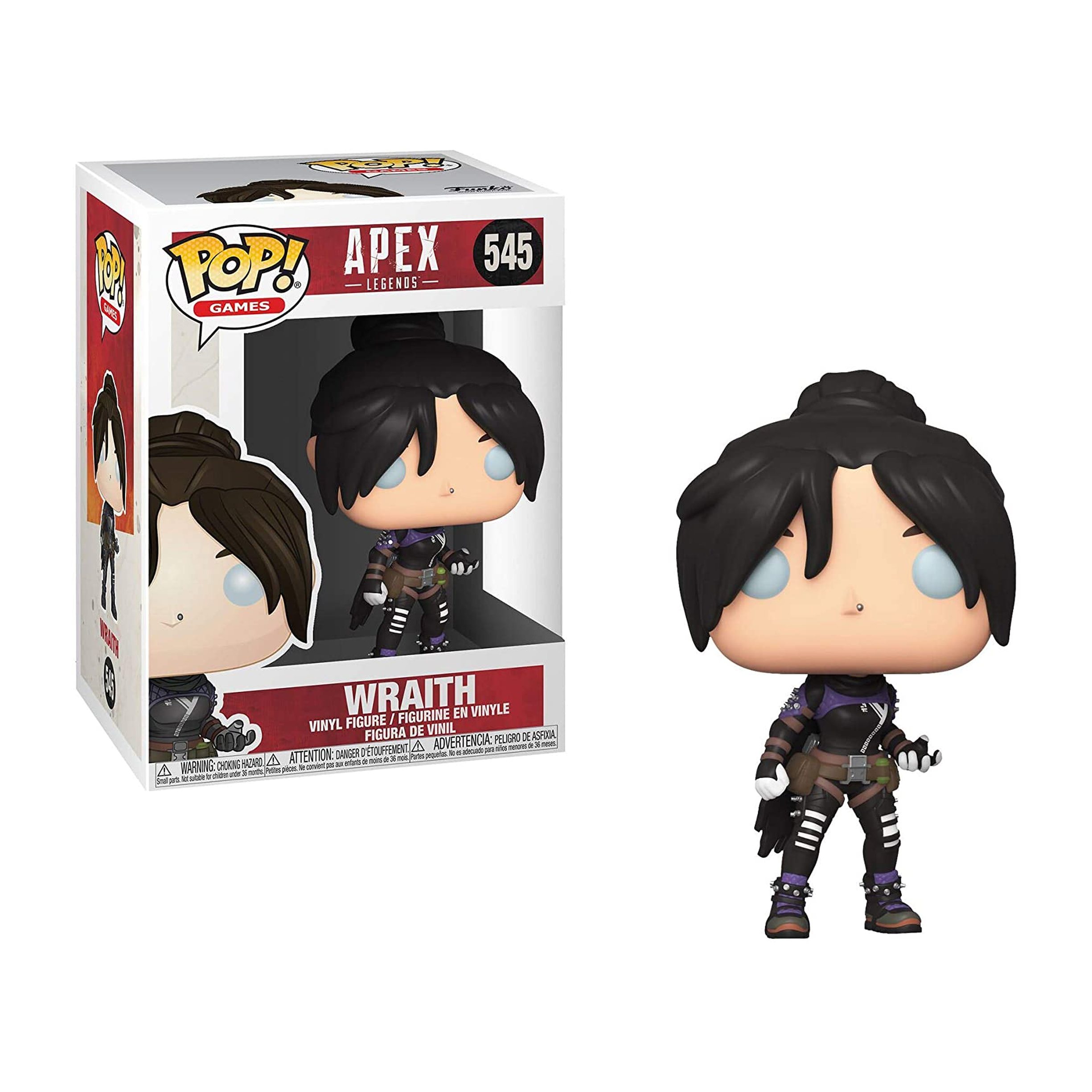 Figurka Funko Pop Wraith z Apex Legends w pudełku.