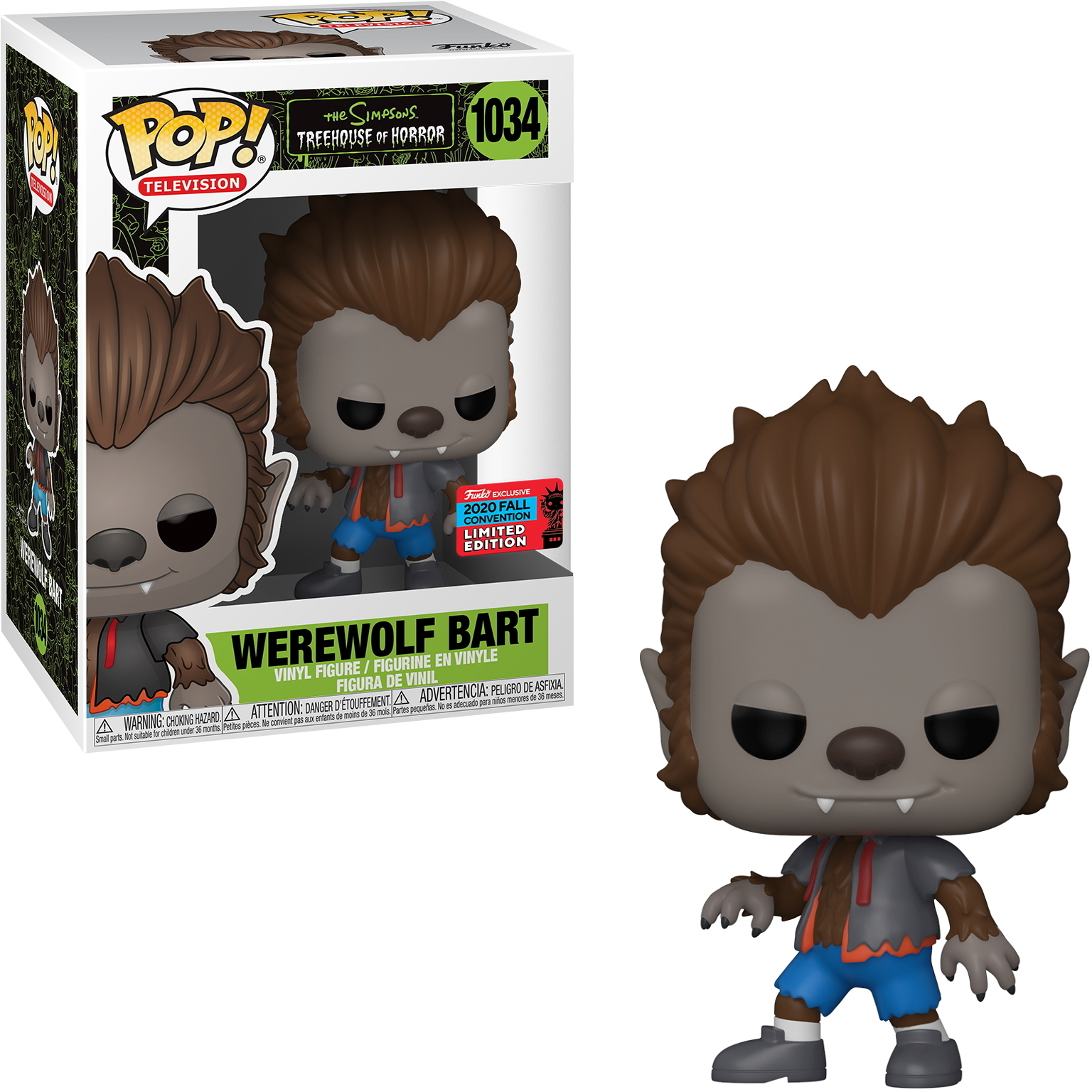Figura di Bart lupo mannaro con pelliccia grigia, pantaloncini blu e maglietta nera. Scatola visibile, dice 'Werewolf Bart'.