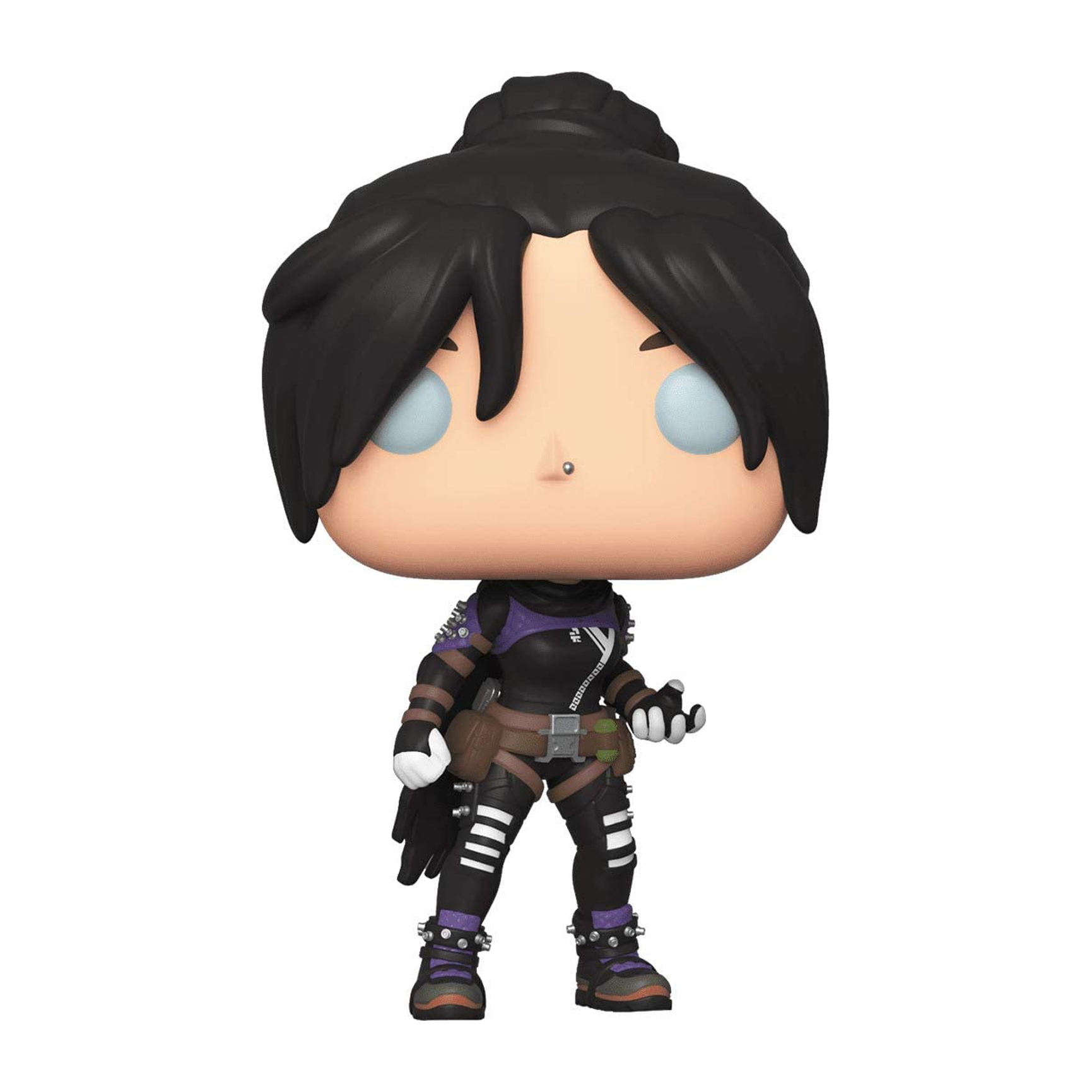 Figurka Funko Pop postaci żeńskiej z czarnymi włosami, w fioletowo-czarnym stroju z kucykiem.