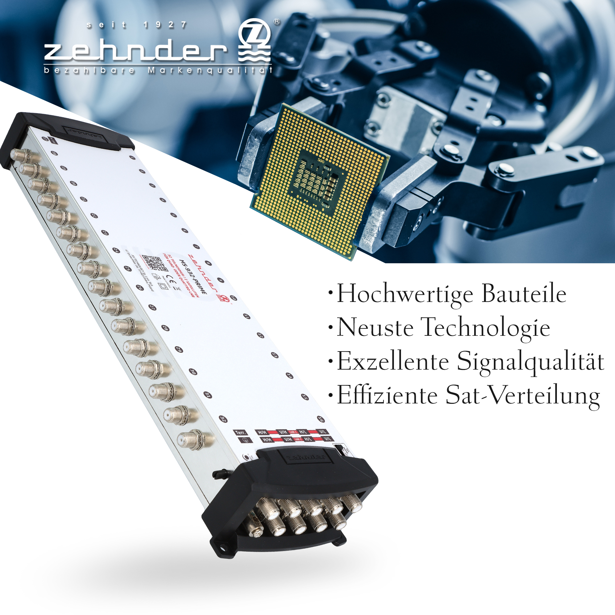 Silbernes und schwarzes Zehnder-Gerät, mit Anschlüssen. Eine CPU wird von einem Roboterarm gehalten.