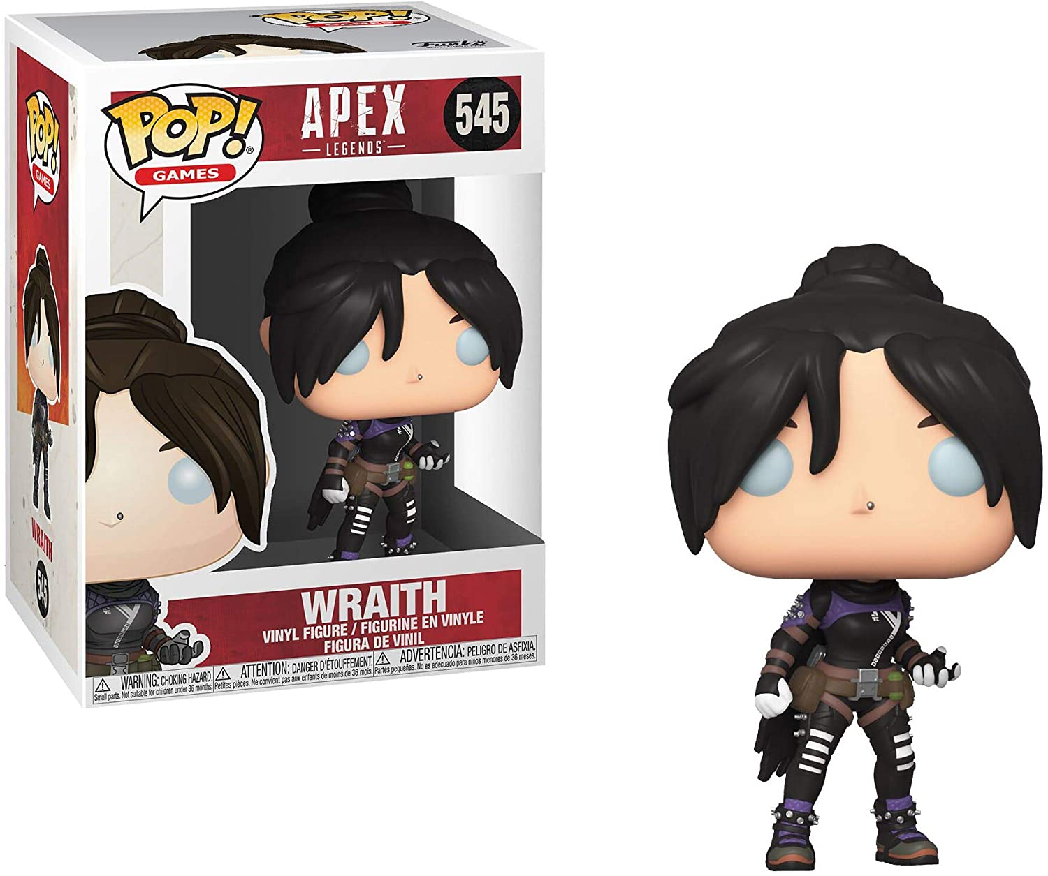 Funko Pop Wraith z Apex Legends. Nosi czarny i fioletowy strój, i pudełko.