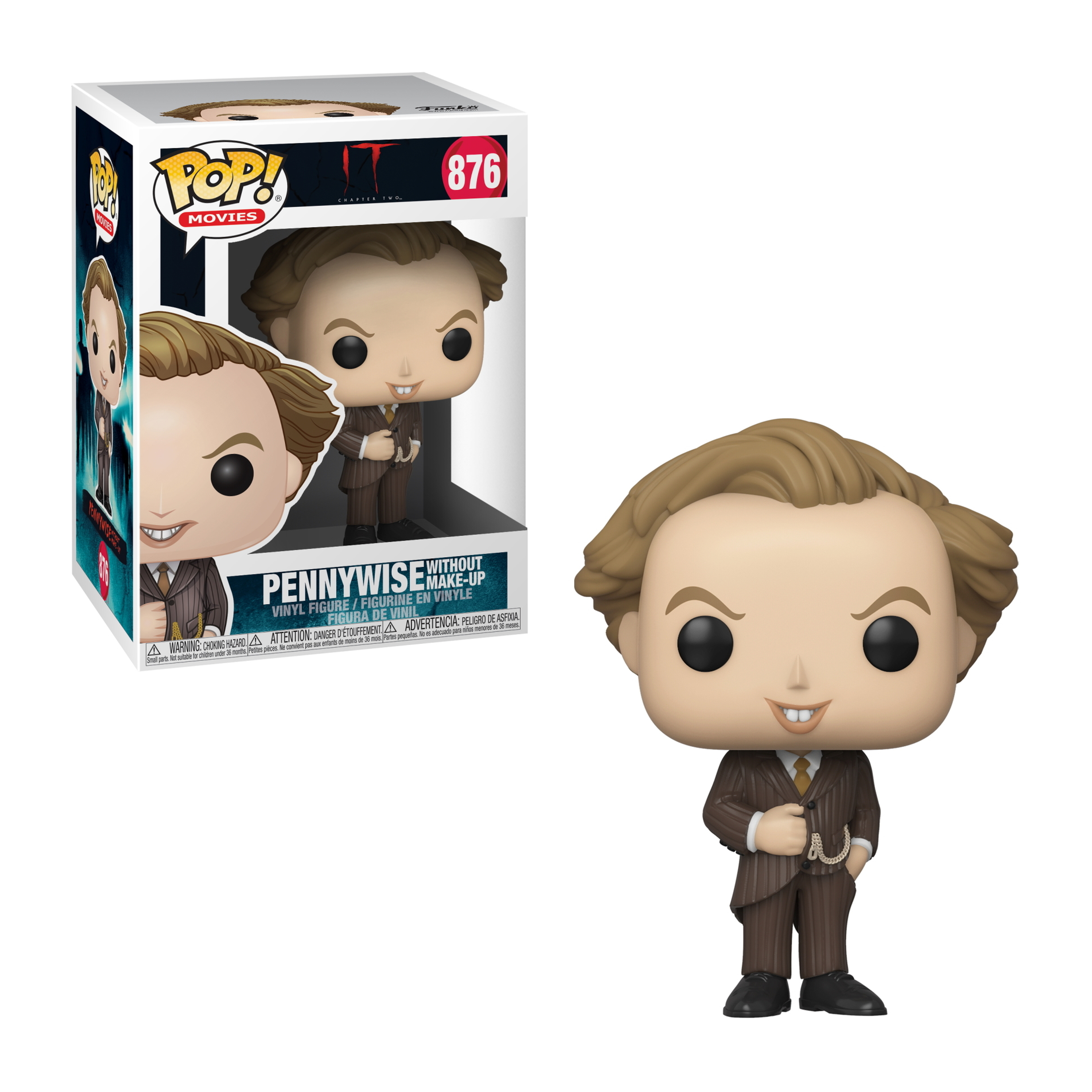 Eine Pennywise Funko Pop! Figur in einer Box und eine Nahaufnahme der Figur. Es ist ein Clown.