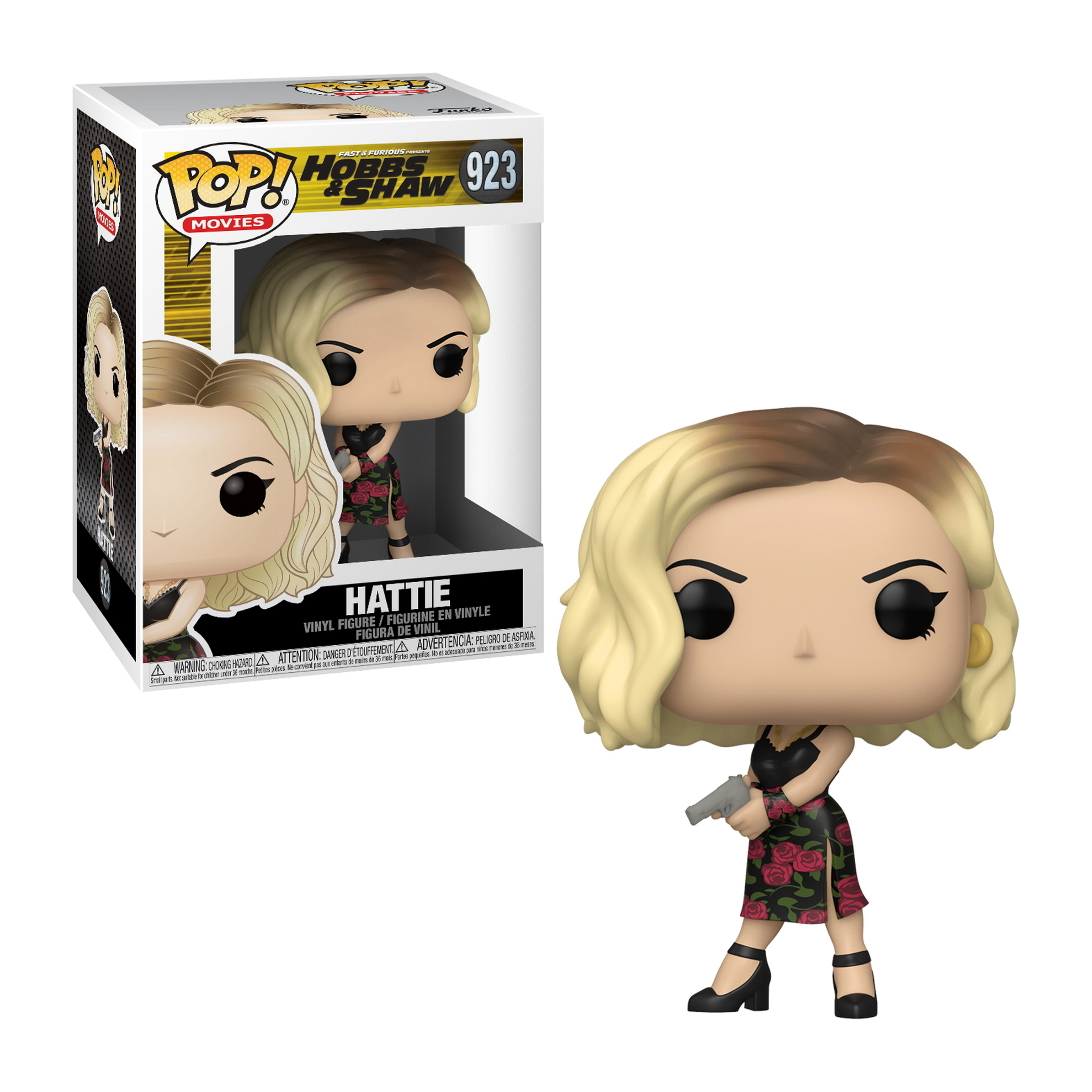 Hattie z Hobbs & Shaw, figurka Funko Pop trzymająca broń, w czarnej sukience.