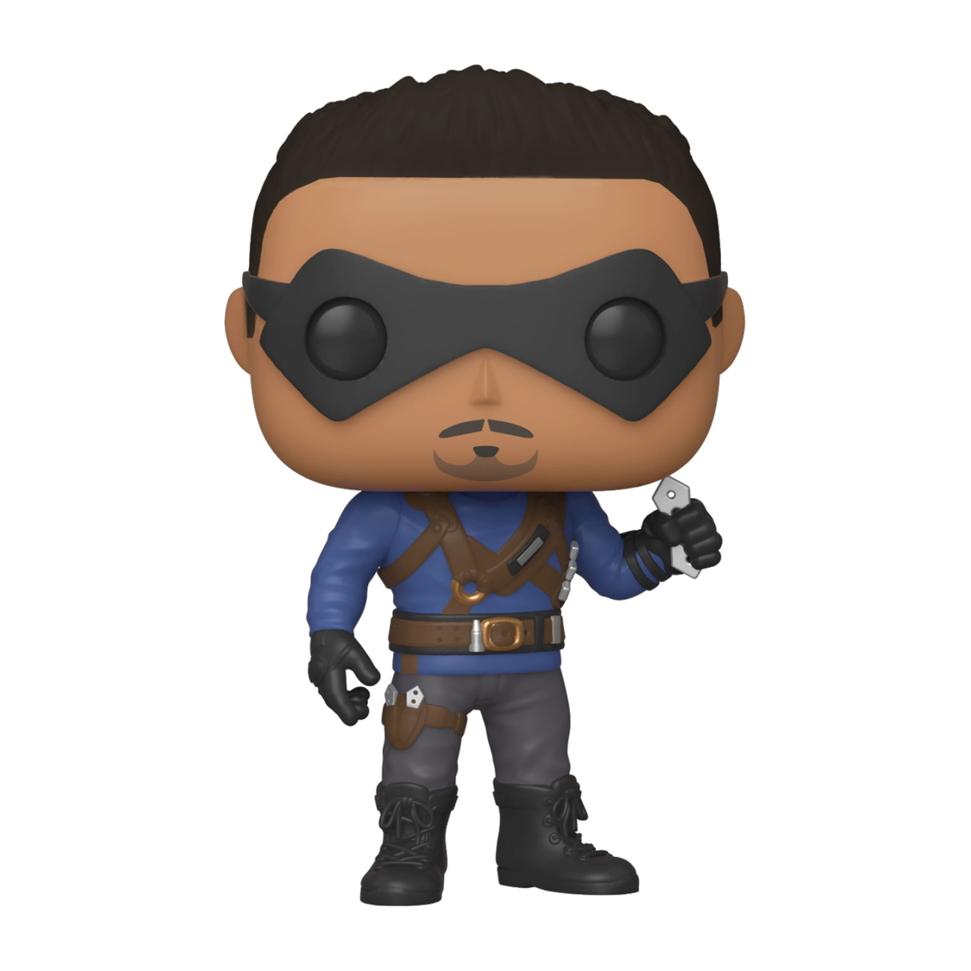 Funko Pop di un uomo in abito blu, con un coltello, una maschera e guanti neri.