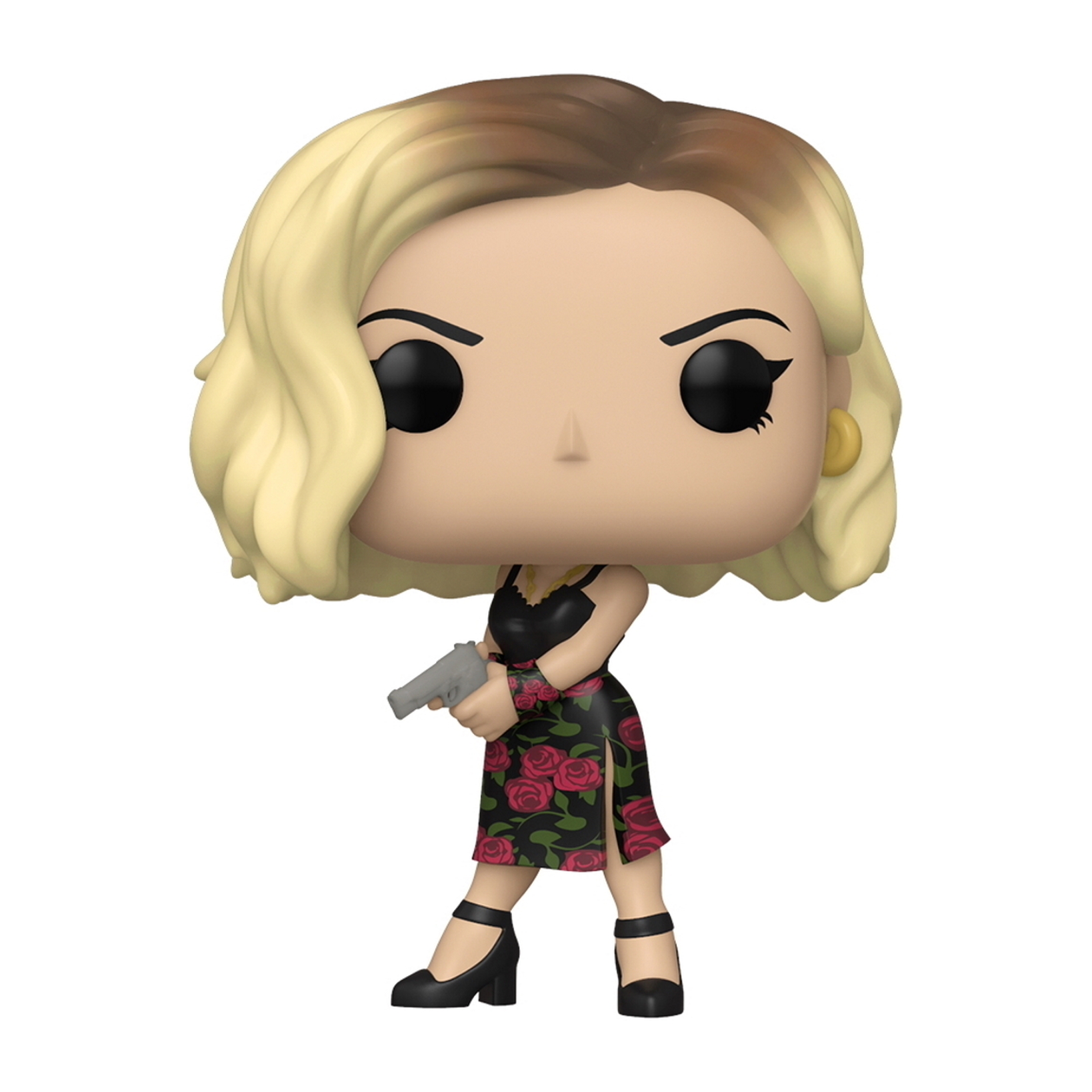 Figurka Funko Pop kobiety. Ma blond włosy i czarną sukienkę z czerwonymi różami, trzymając pistolet.