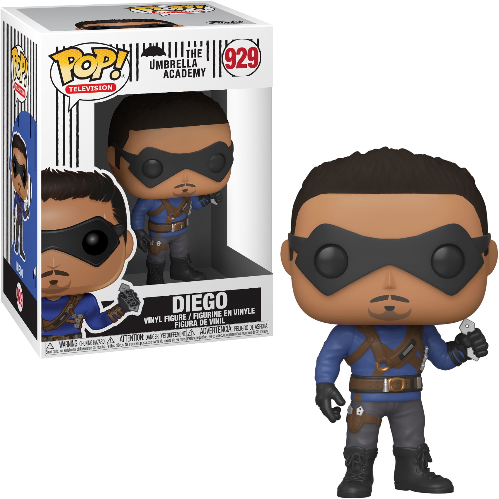 Diego di The Umbrella Academy, giocattolo. Indossa un'uniforme blu, una maschera nera e tiene una chiave.