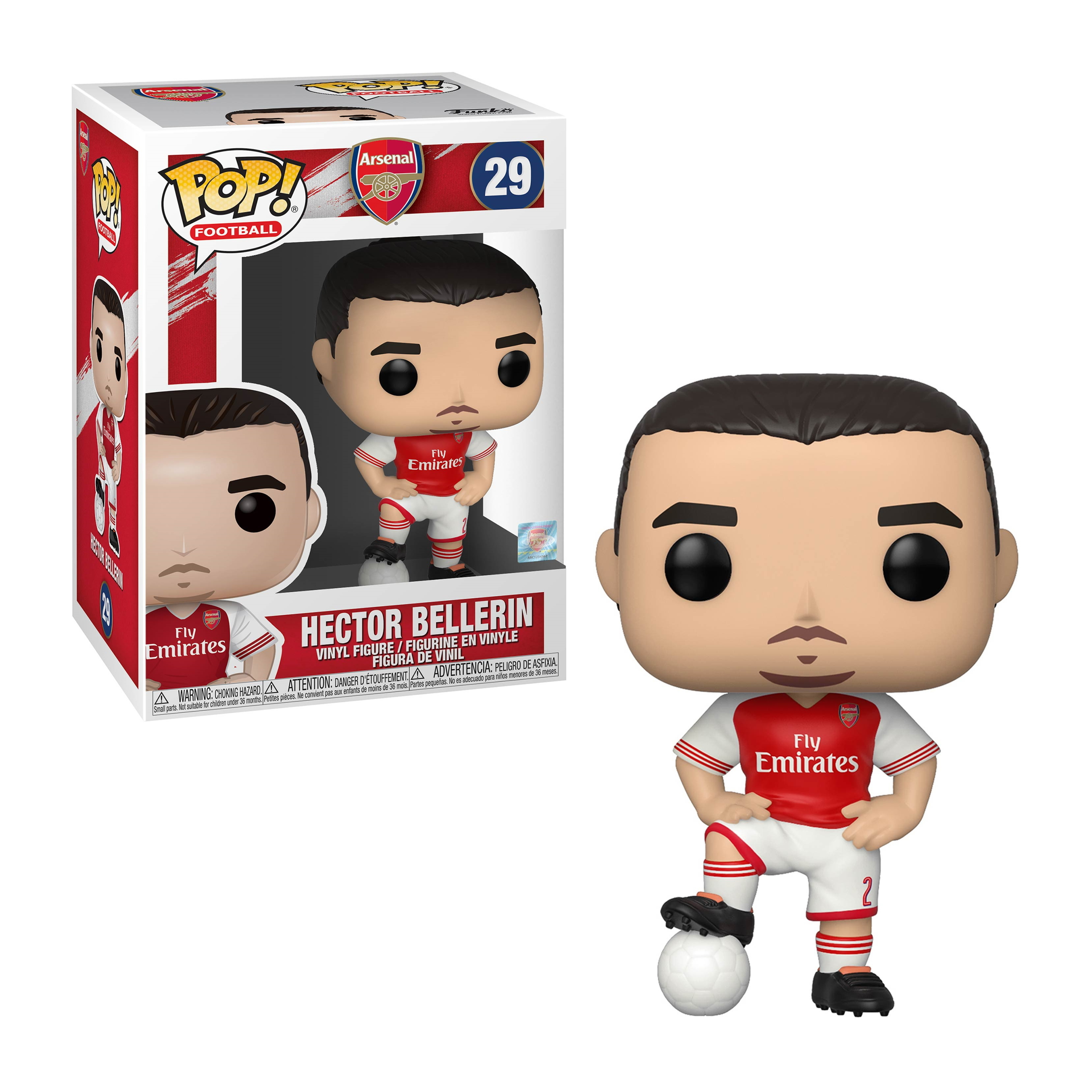 Eine Funko Pop Figur eines Fußballspielers in einem rot-weißen Trikot, mit der Box daneben.