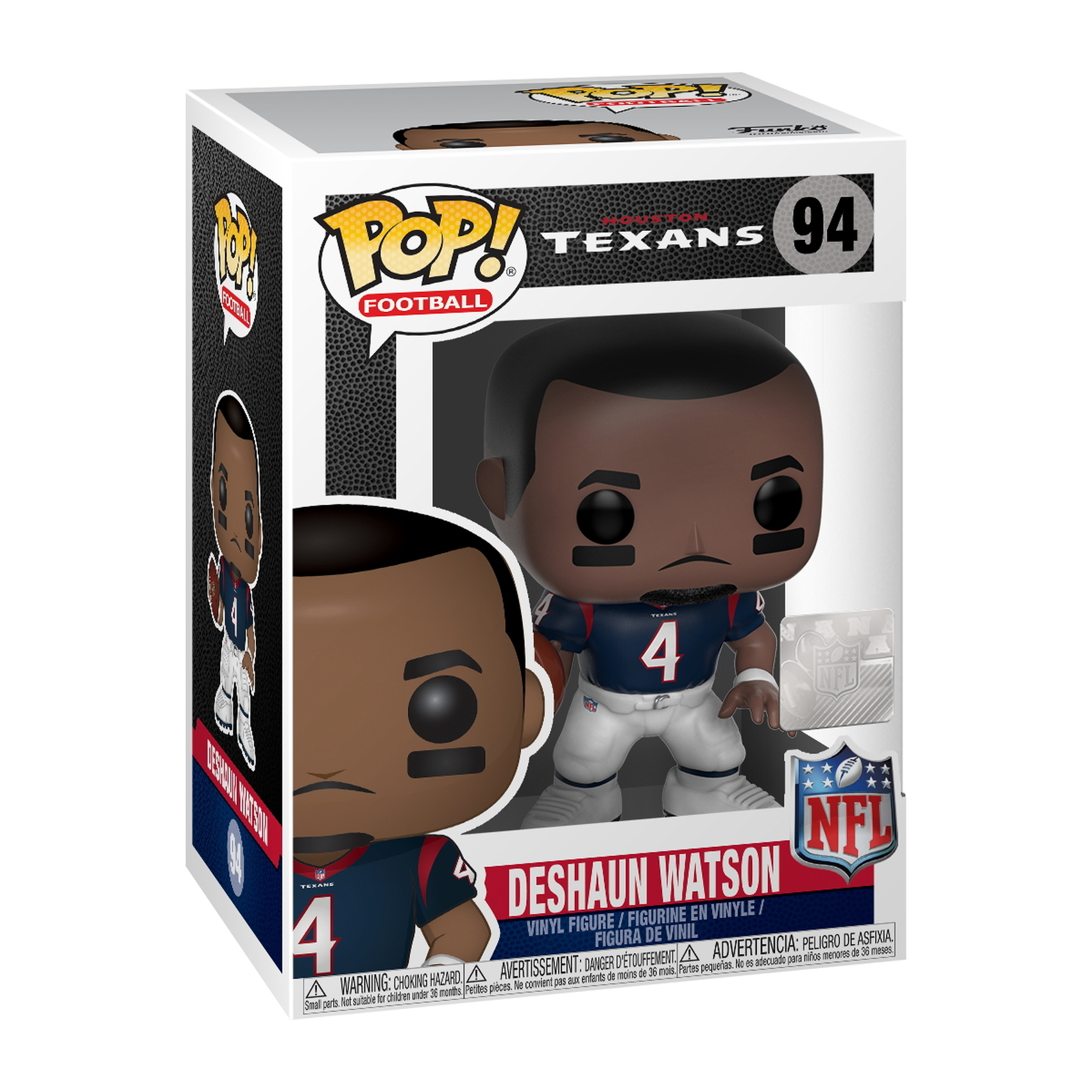 Una figura Funko Pop di Deshaun Watson in uniforme degli Houston Texans è mostrata nella sua confezione.