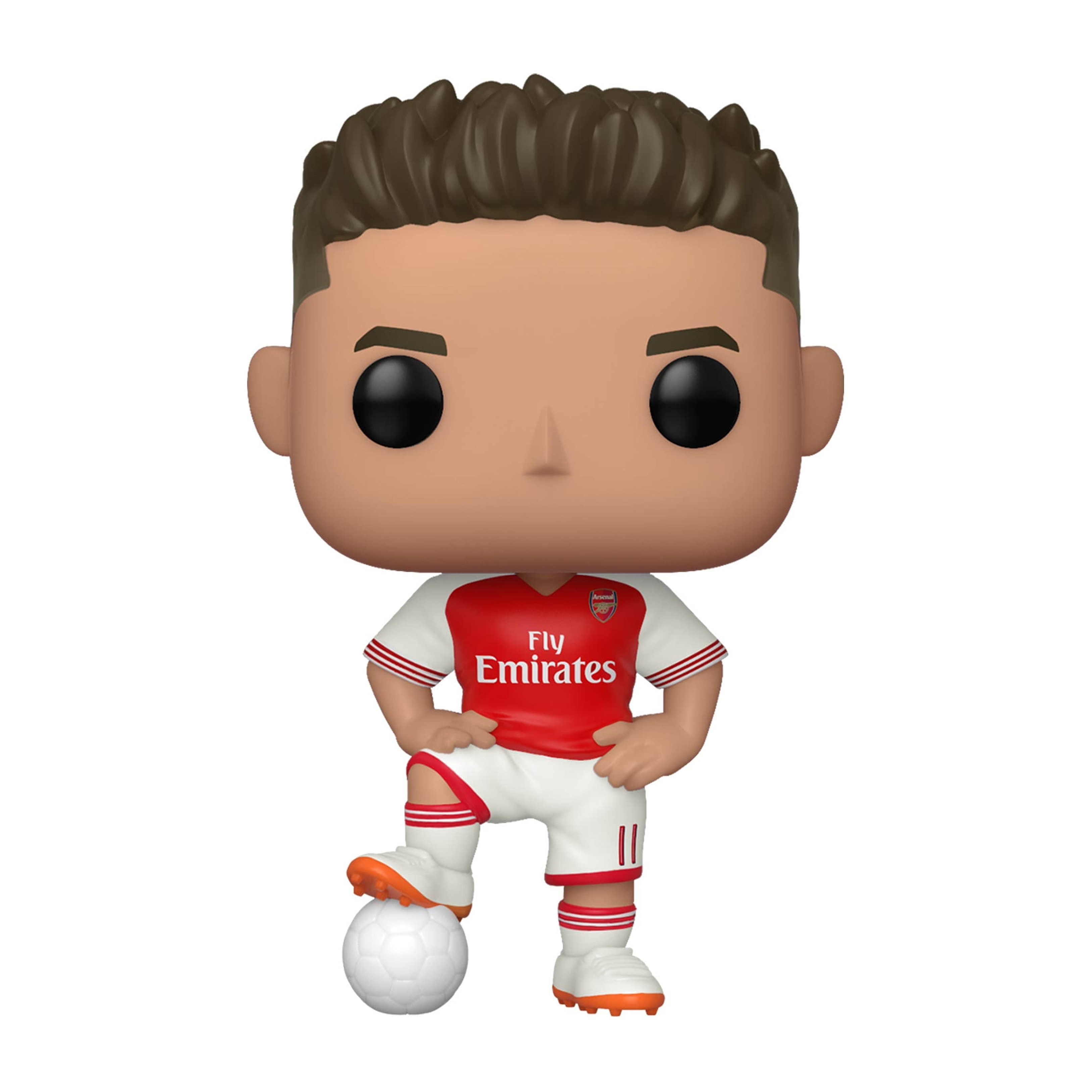 Arsenal-Fußballspieler Funko Pop. Er trägt ein rot-weißes Trikot. Weiße Shorts und orangefarbene Schuhe.