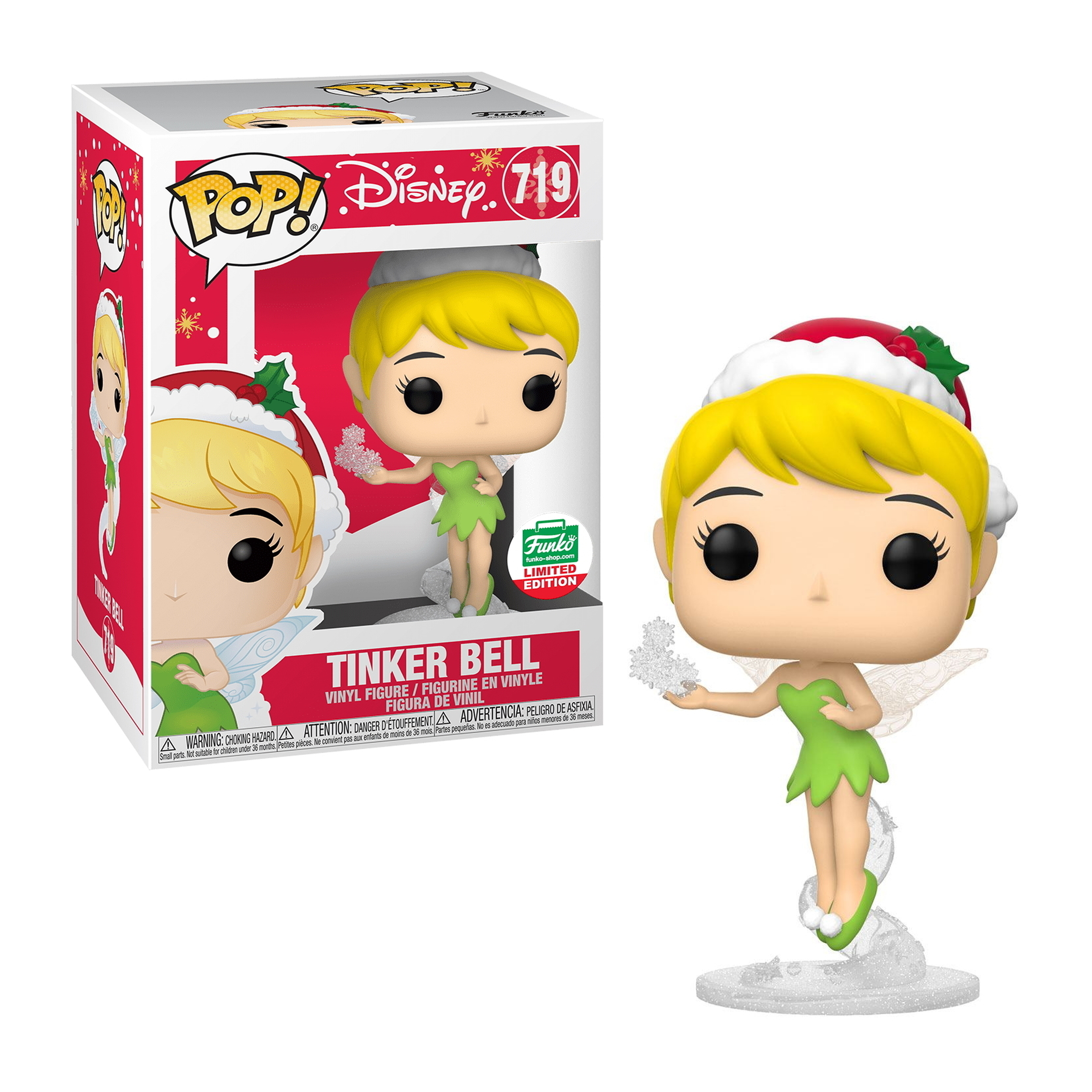Eine Tinkerbell Funko Pop Figur, die eine Schneeflocke hält. Sie trägt ein grünes Kleid und einen Weihnachtshut.