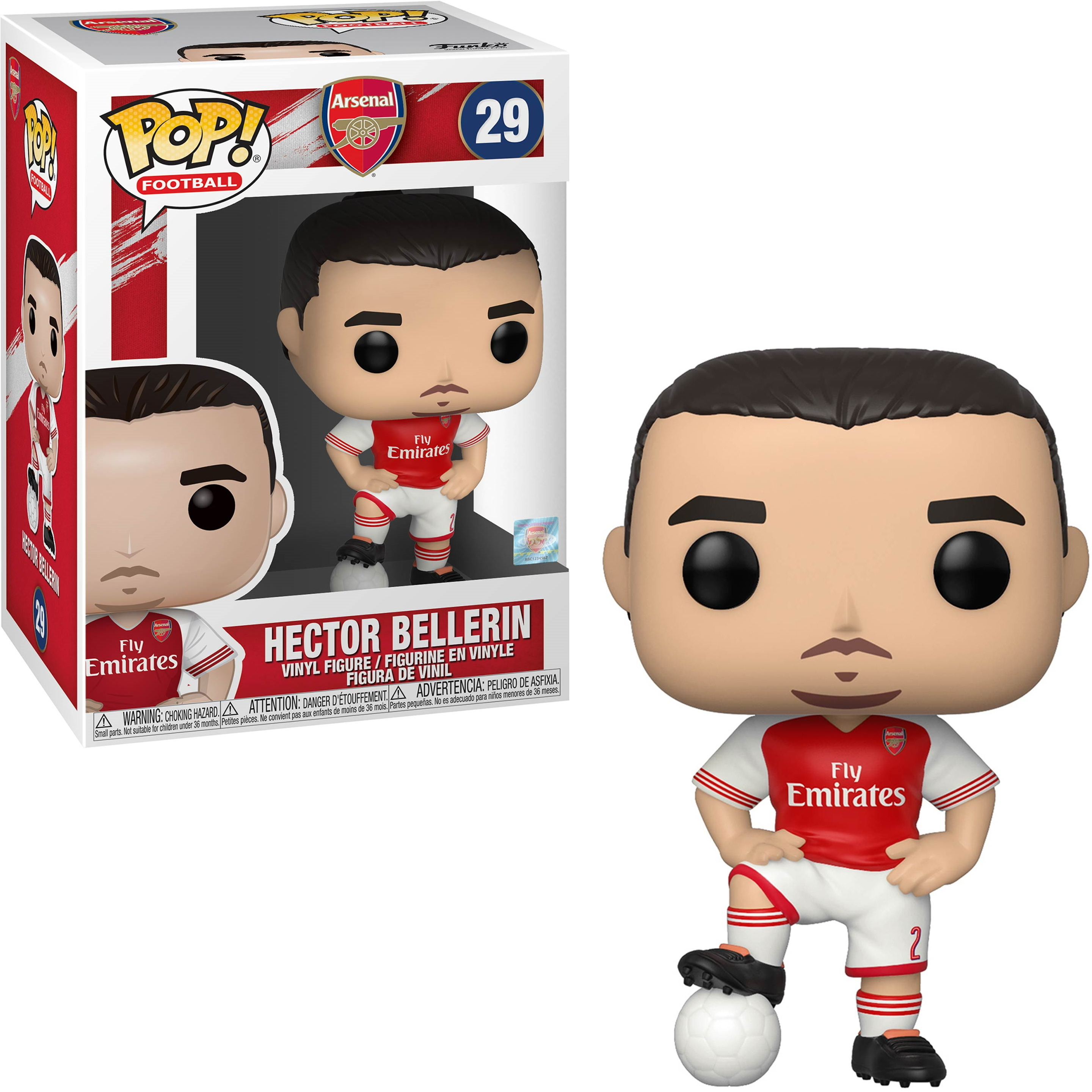 Eine Funko Pop-Figur von Hector Bellerin im Arsenal-Trikot, mit der Box im Hintergrund.