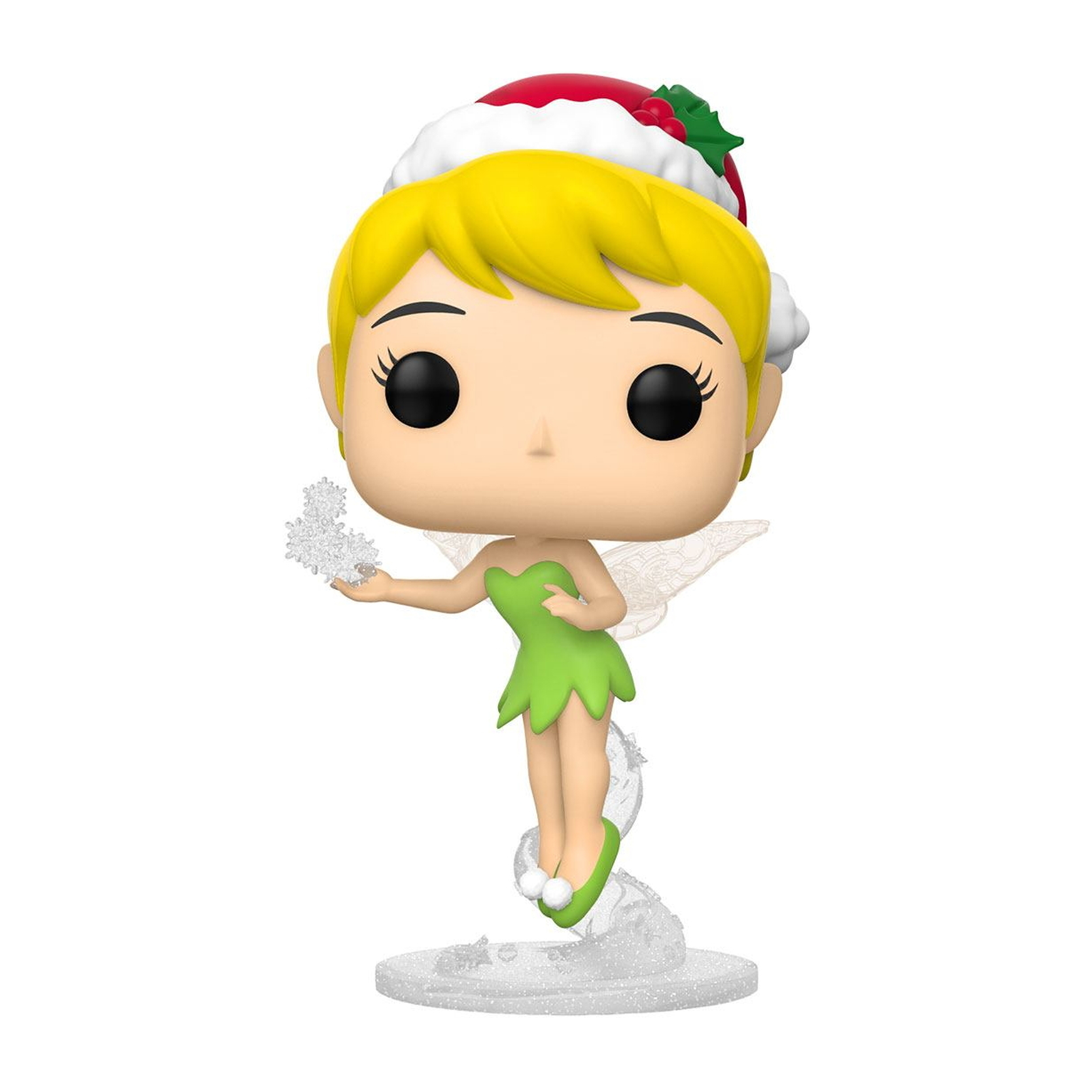 Tinkerbell-Figur, trägt ein grünes Kleid und einen Weihnachtsmütze, hält eine Schneeflocke.