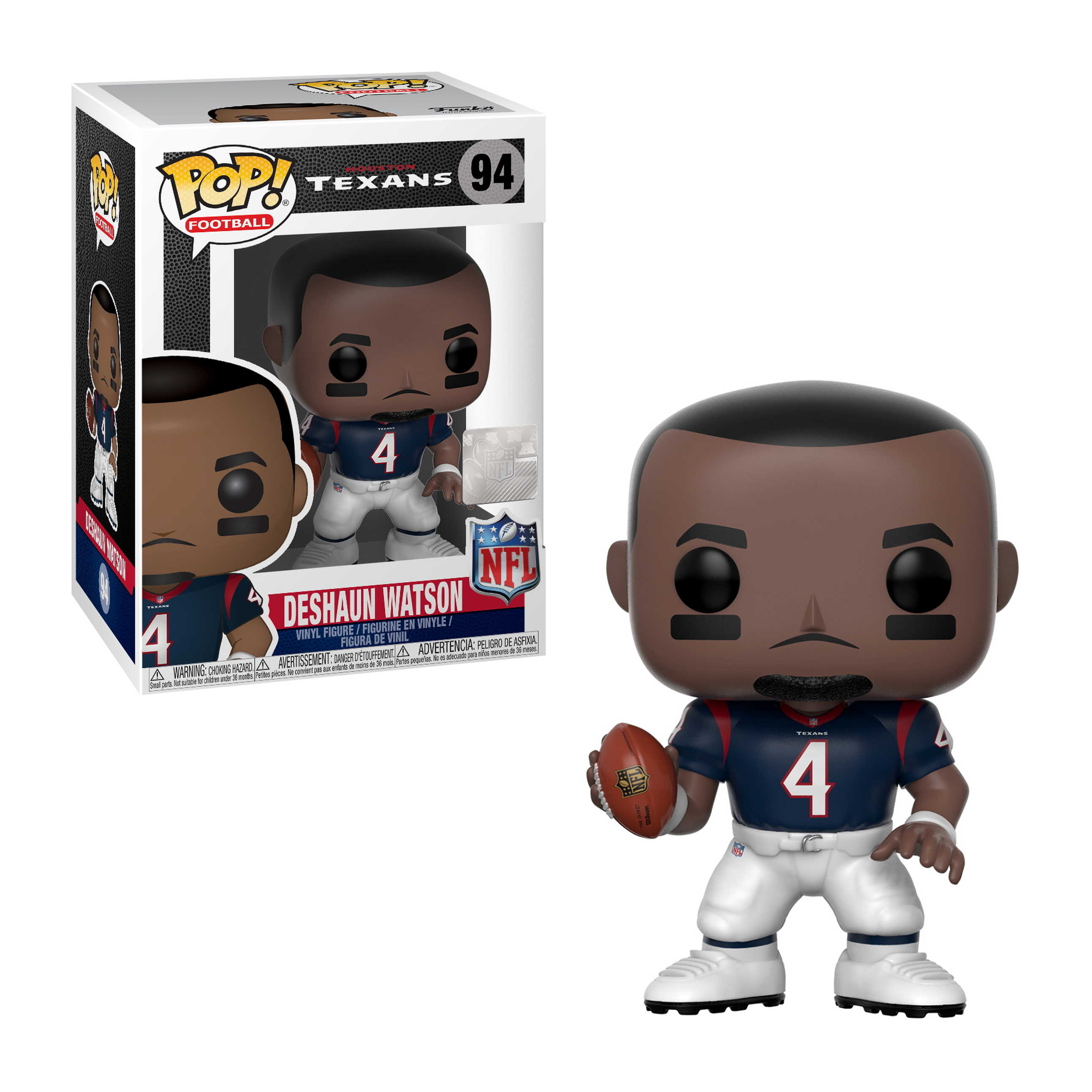 Una figura Funko Pop di Deshaun Watson in uniforme Texans che tiene un pallone.