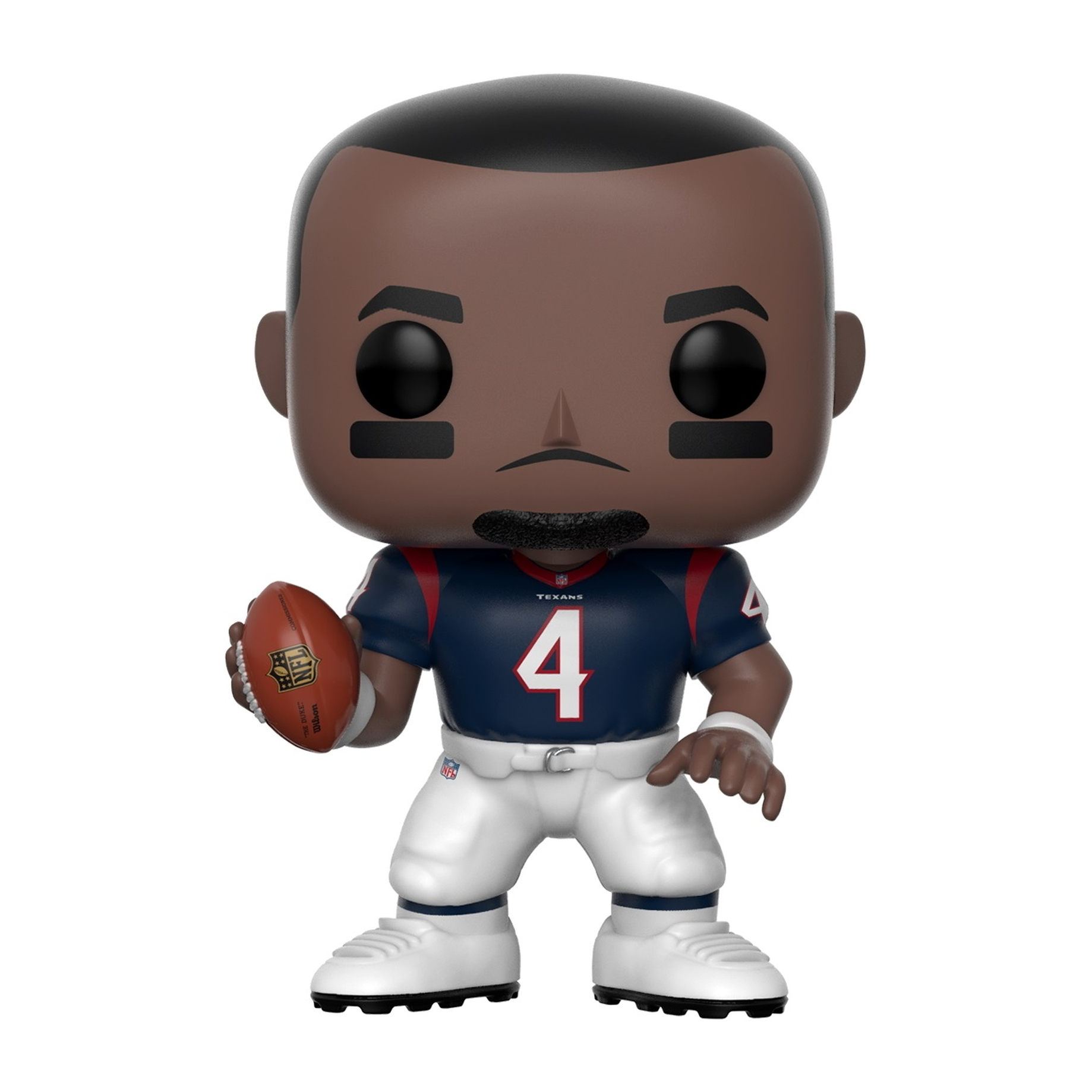 Figura di giocatore di football americano che tiene il pallone, con maglia Texans e pantaloni bianchi.