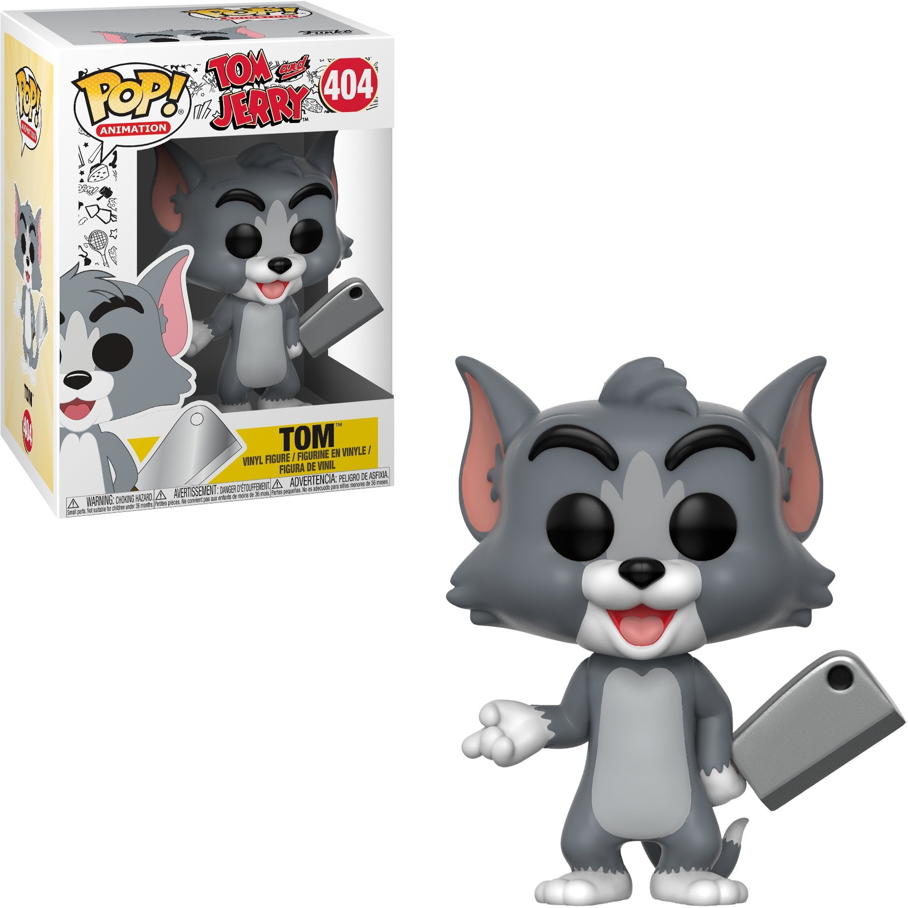 Figurka Toma i Jerry'ego trzymająca tasak, z pudełkiem ze szkicami z kreskówek Toma i Jerry'ego.