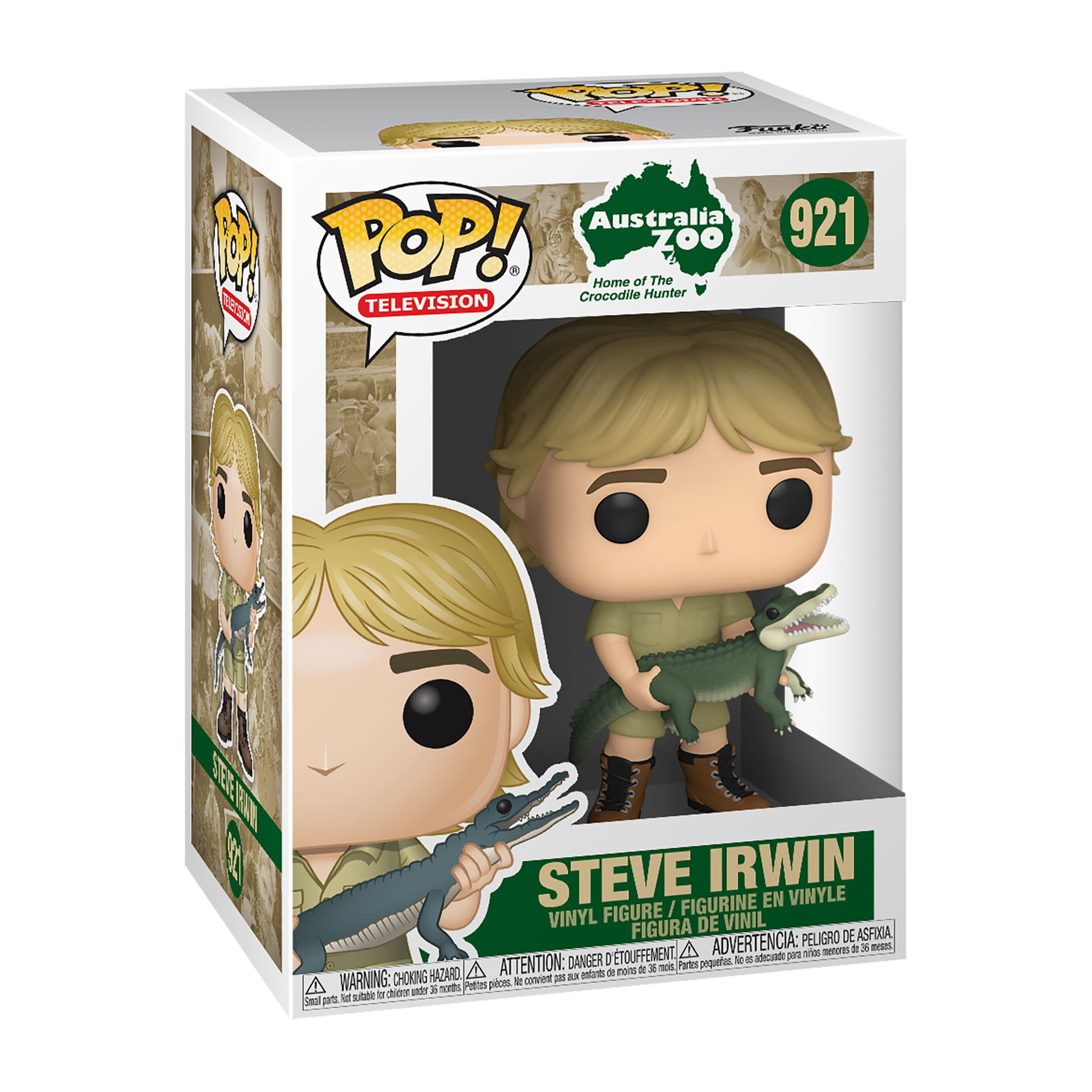 Figurka Funko Pop Steve Irwin, strój khaki, trzymający krokodyla, z pudełkiem z logo.