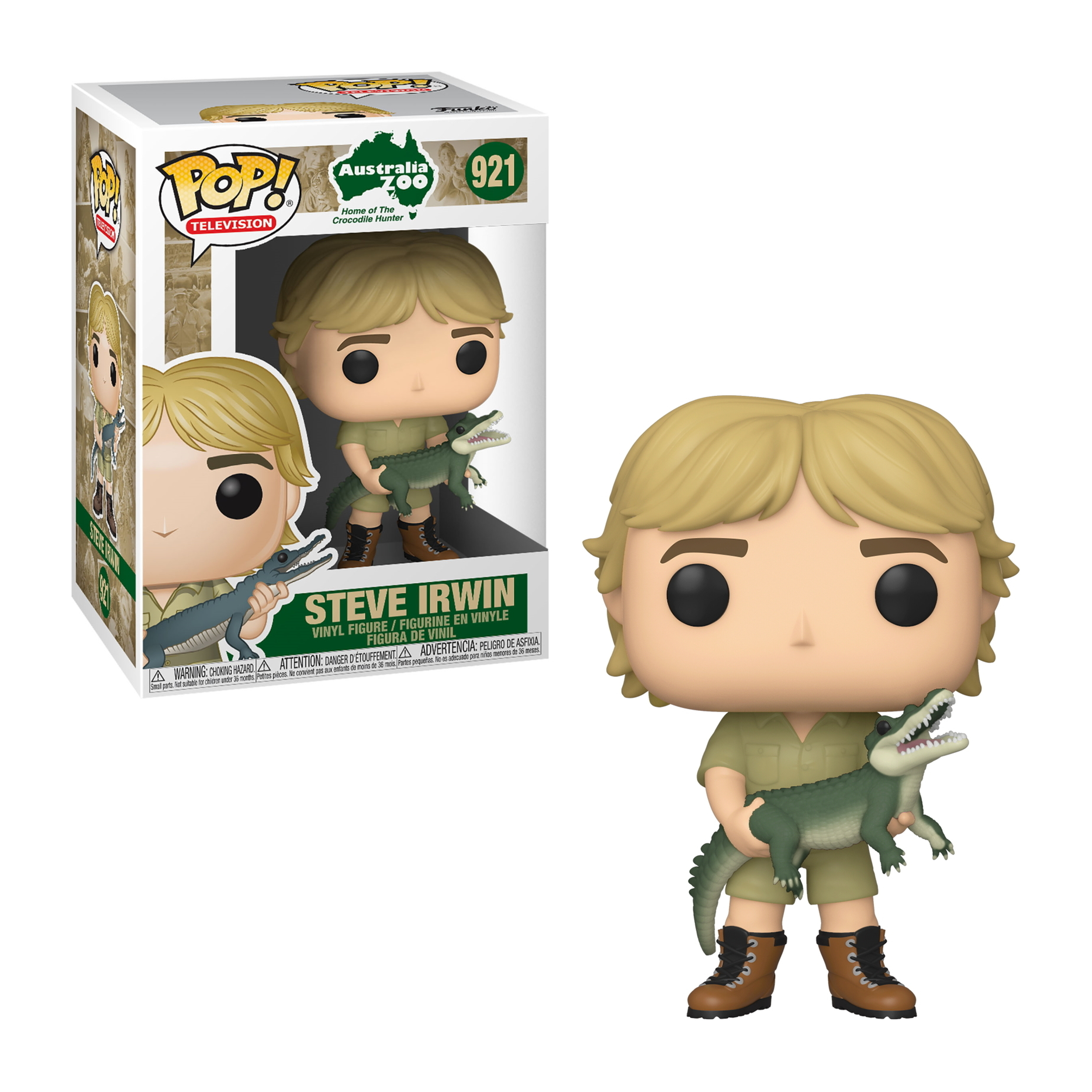 Steve Irwin Funko Pop! trzymający krokodyla, z pudełkiem w tle. Zielony mundur.