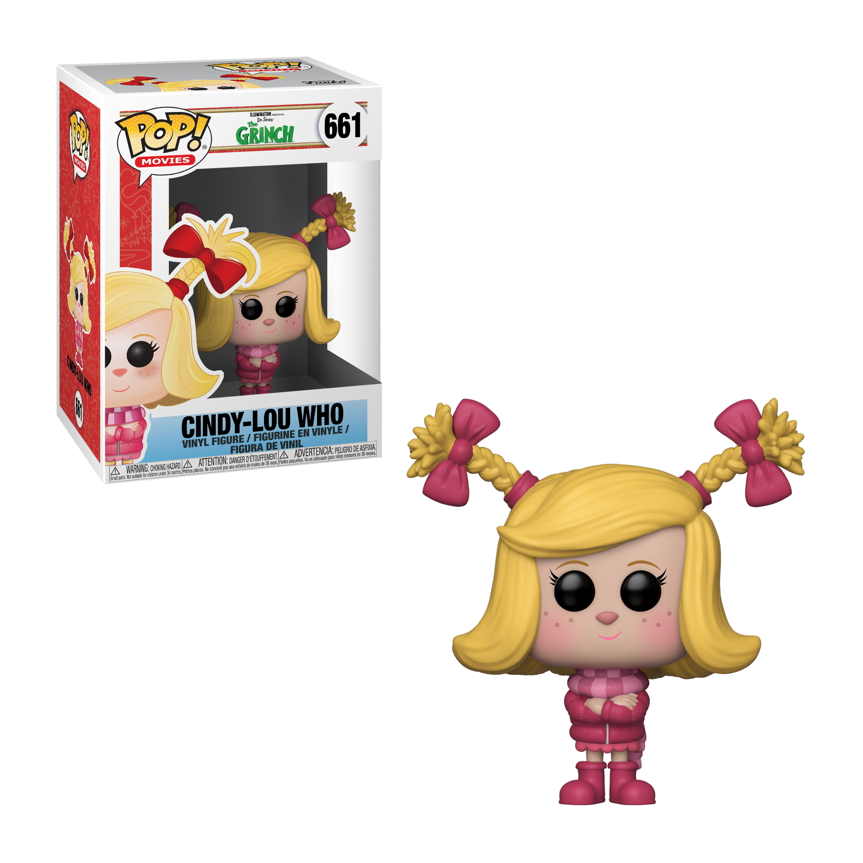 Cindy-Lou Who Funko Pop Figur mit Zöpfen und rosa Kleid, mit Box.