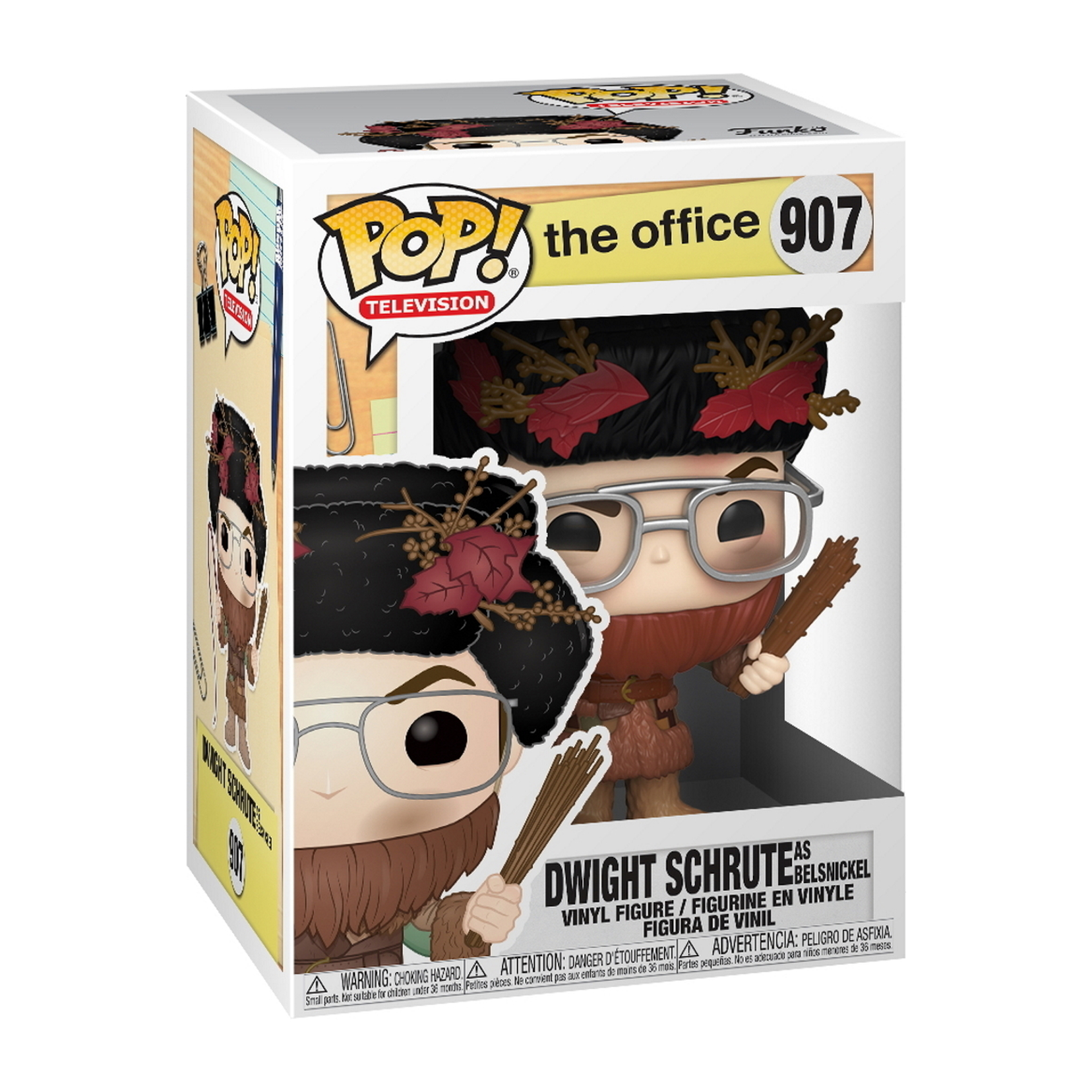 Dwight Schrute Figur in einer Box. Er hat eine Brille, einen Bart und hält einen Ast.