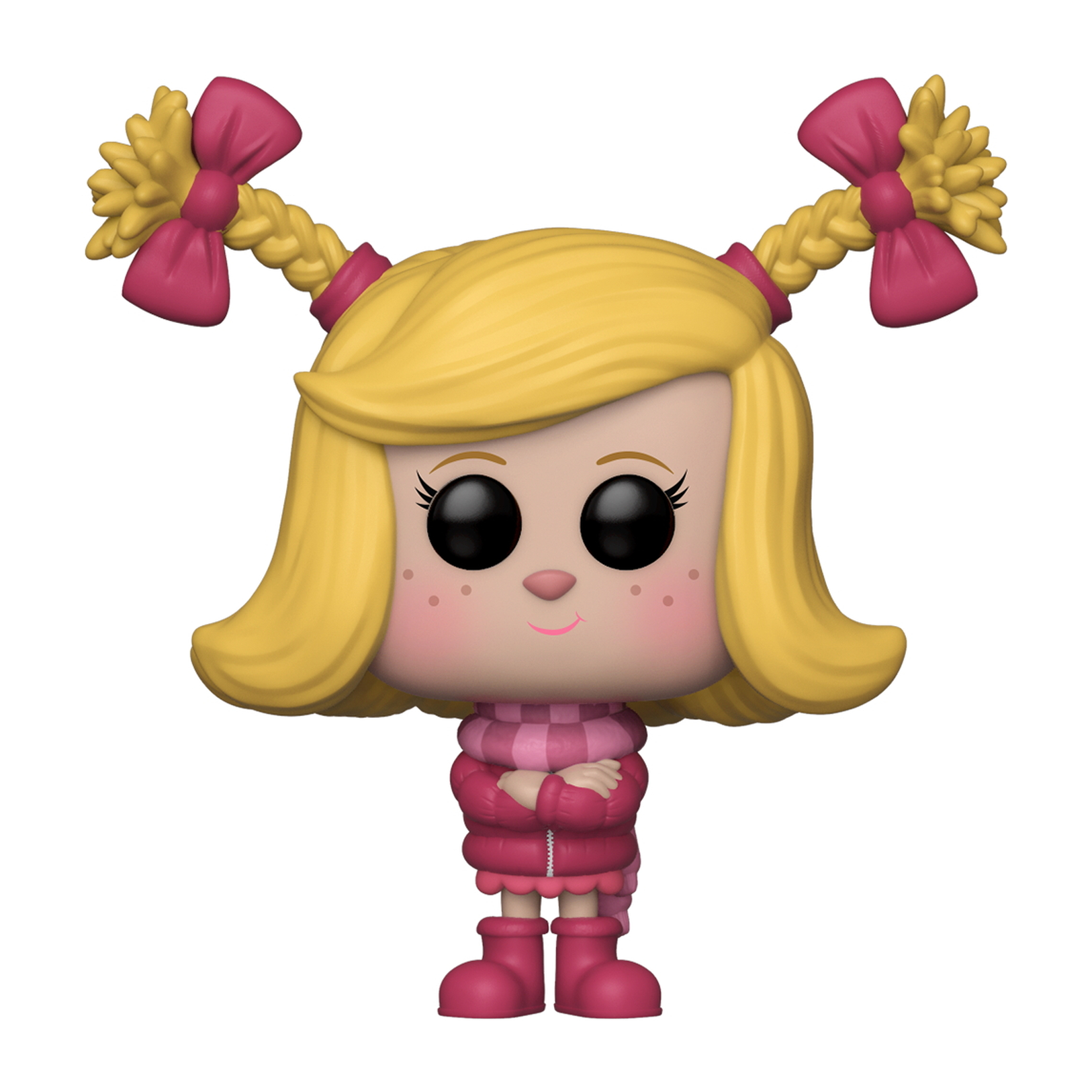 Mädchenfigur mit blonden Zöpfen und rosa Schleife. Rosa Mantel und Stiefel, Arme verschränkt.