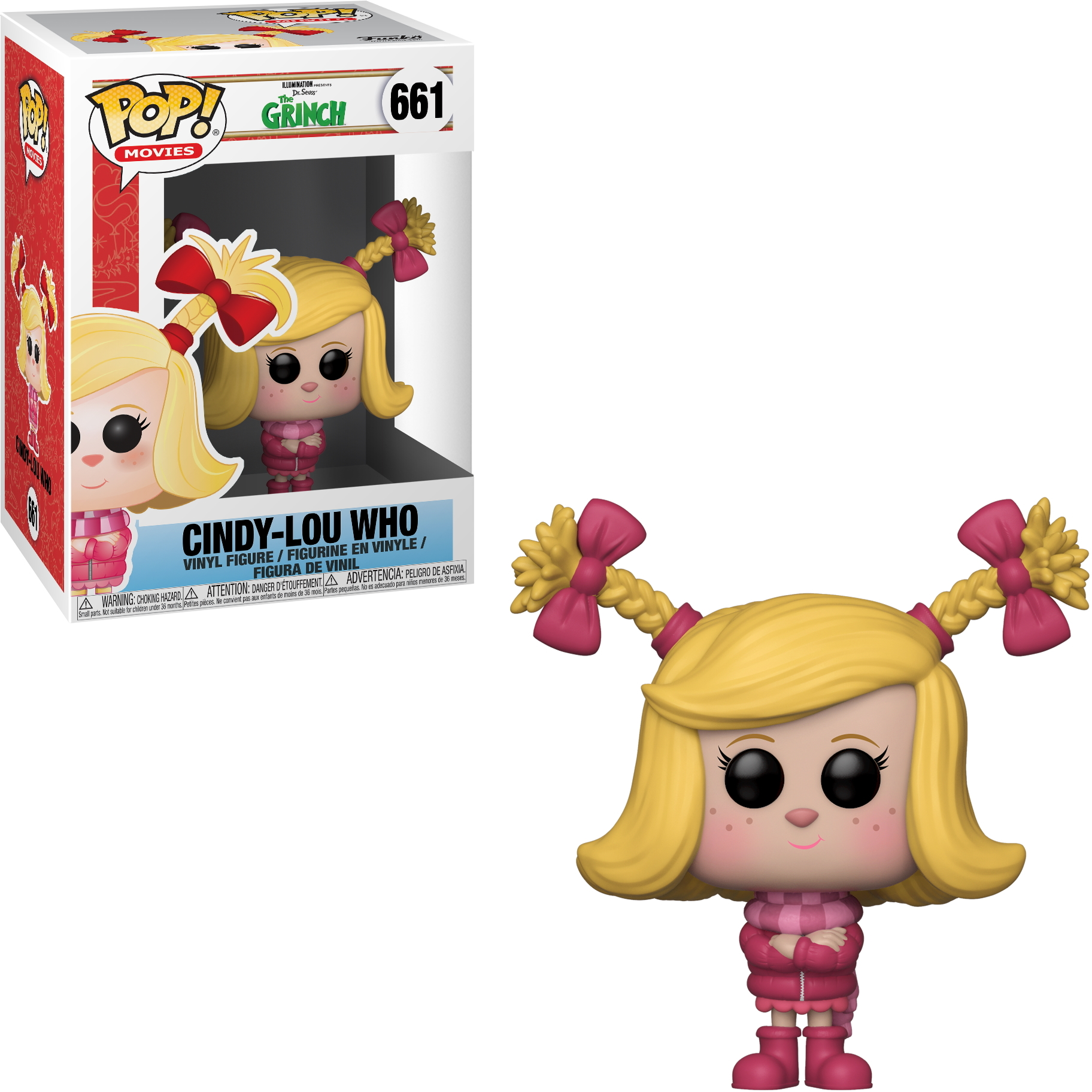 Ein Funko Pop von Cindy-Lou Who, aus dem Grinch. Sie ist in einer Box, und eine Figur ist außerhalb davon.