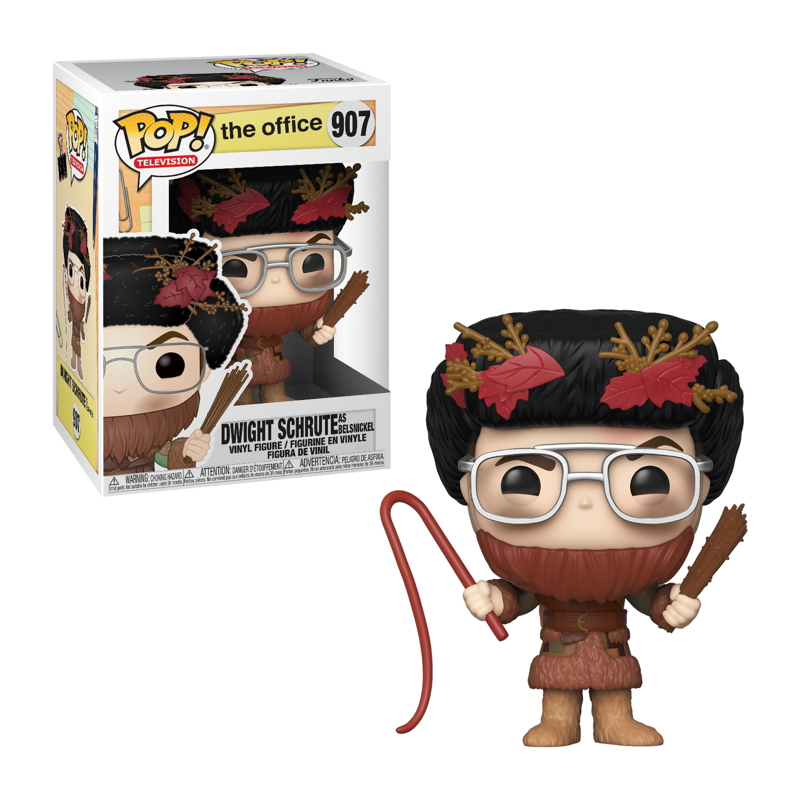 Dwight Schrute Funko Pop! Figur. Bart, Brille, Peitsche und Stock haltend, Pelzoutfit.
